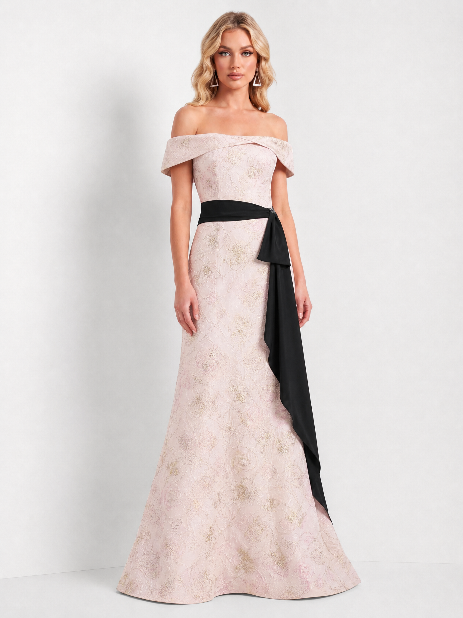Blush Pink Off-the-Shoulder Floral Jacquard Mermaid Gown