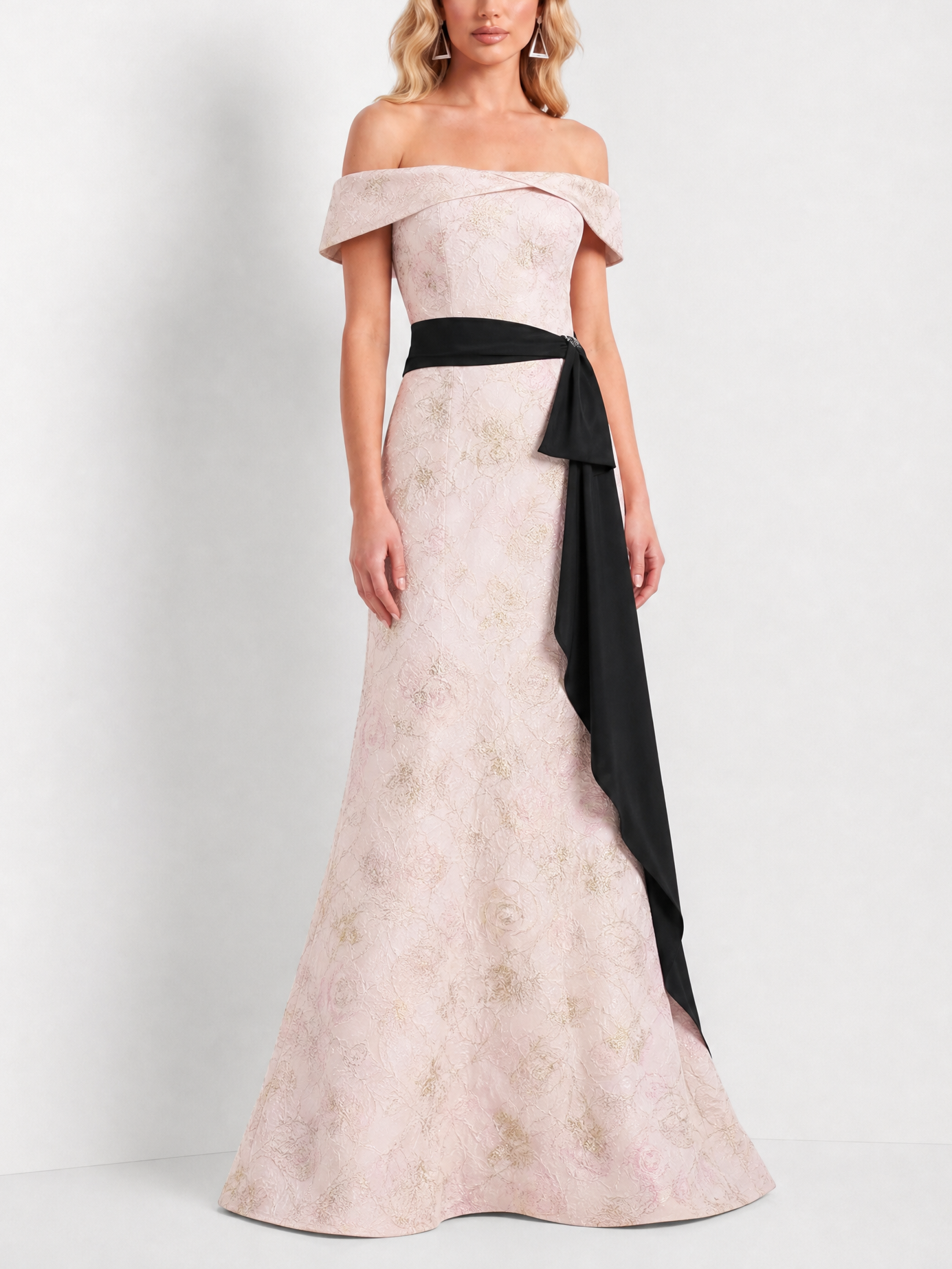 Blush Pink Off-the-Shoulder Floral Jacquard Mermaid Gown