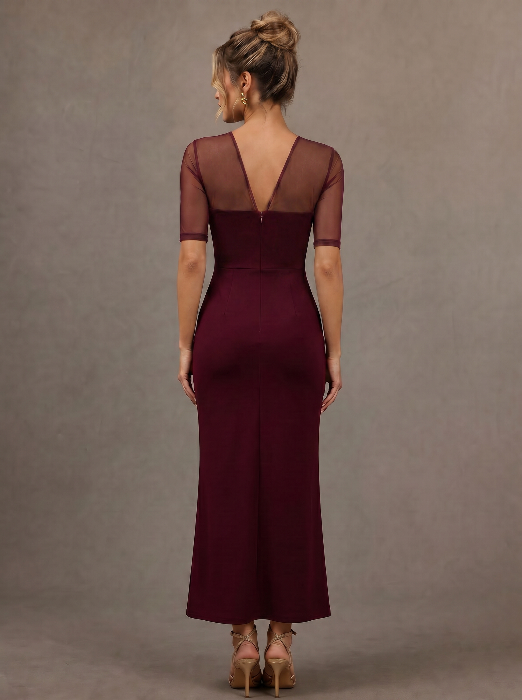 Sheer Mesh V Neck 3D Floral Embellished Sheath Midi Dress