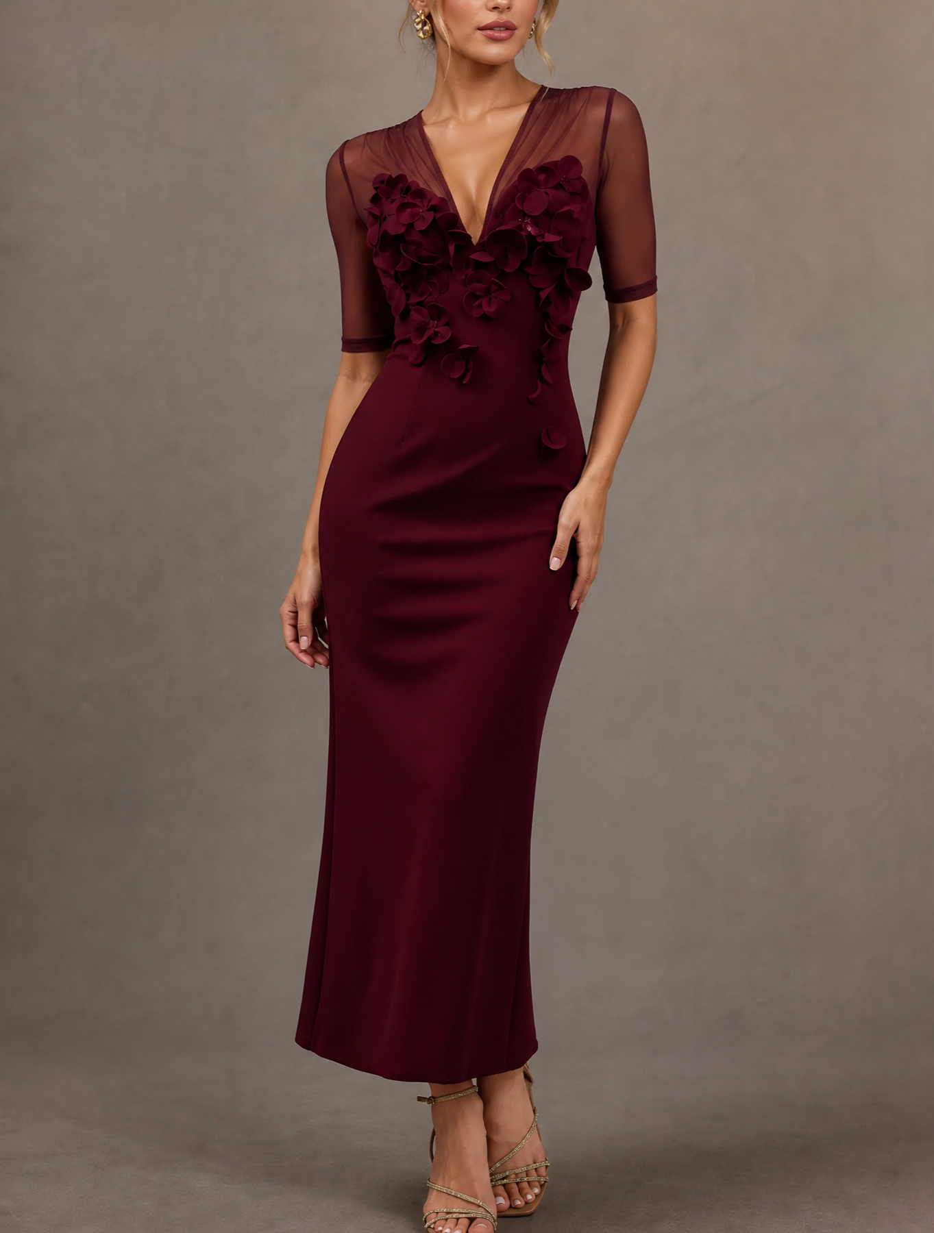 Sheer Mesh V Neck 3D Floral Embellished Sheath Midi Dress