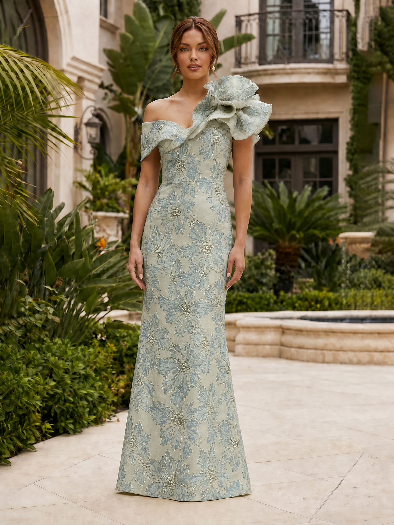 One-Shoulder Ruffled Floral Jacquard Mermaid Maxi Dress