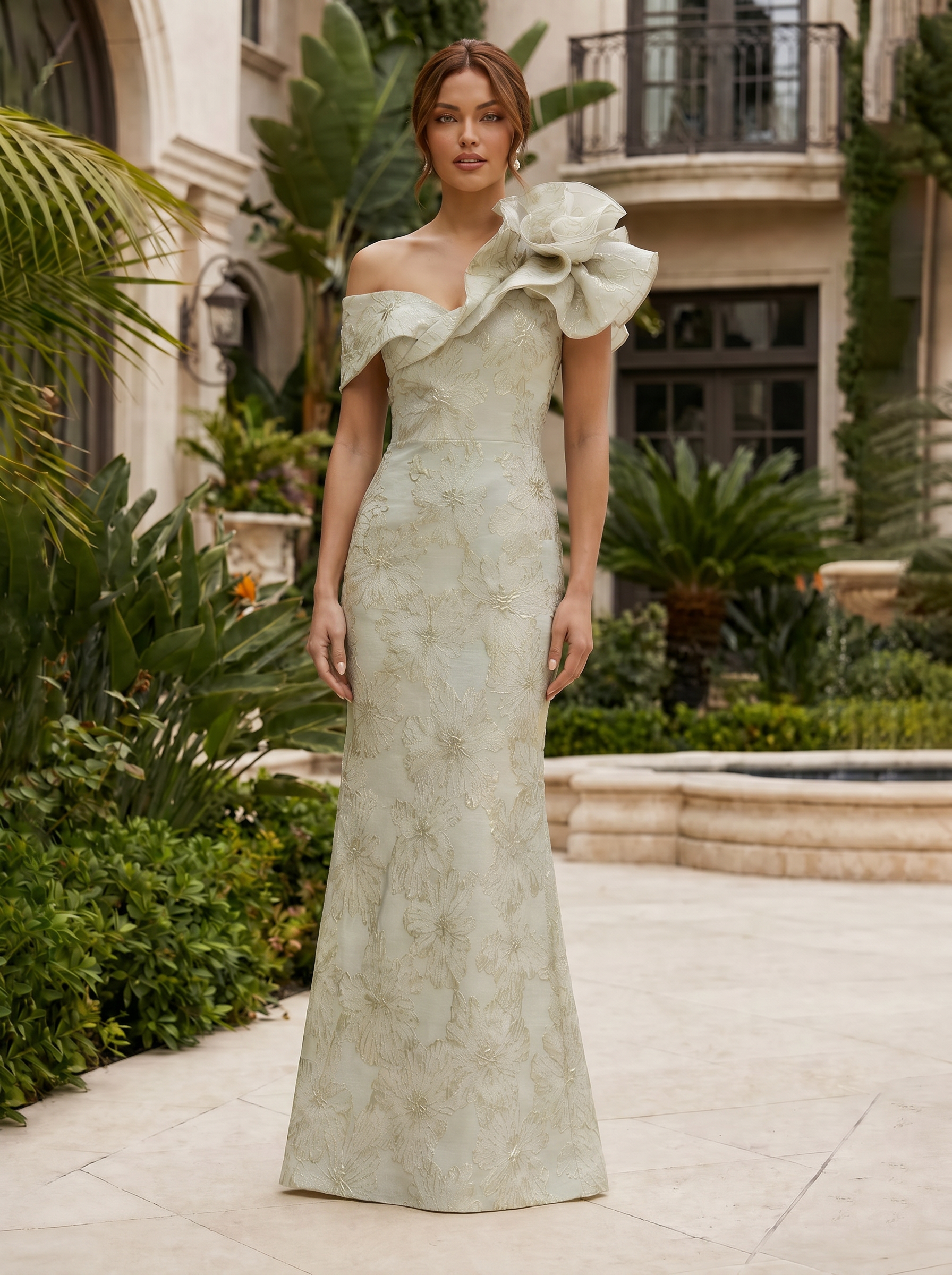 One-Shoulder Ruffled Floral Jacquard Mermaid Maxi Dress