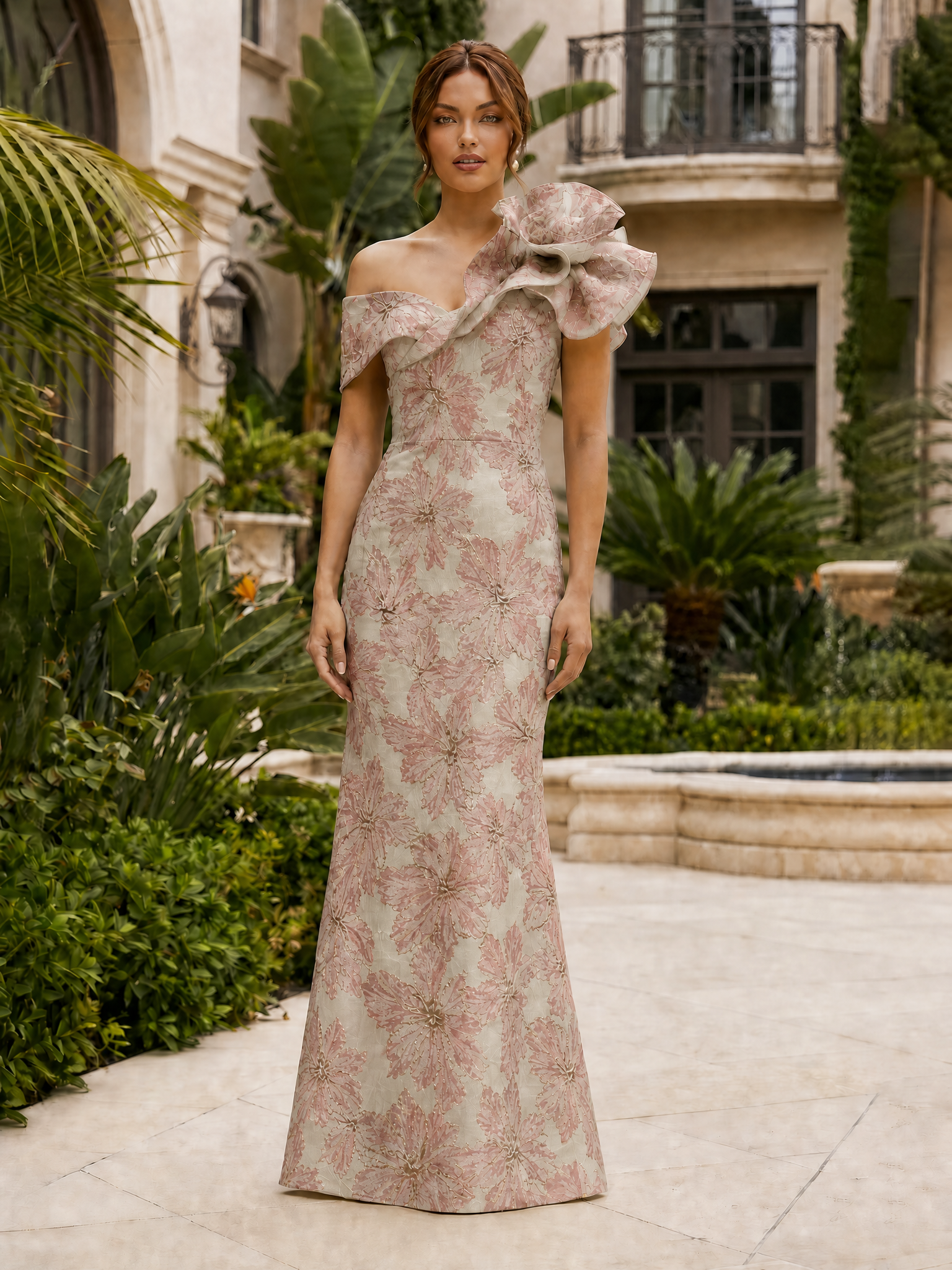 One-Shoulder Ruffled Floral Jacquard Mermaid Maxi Dress
