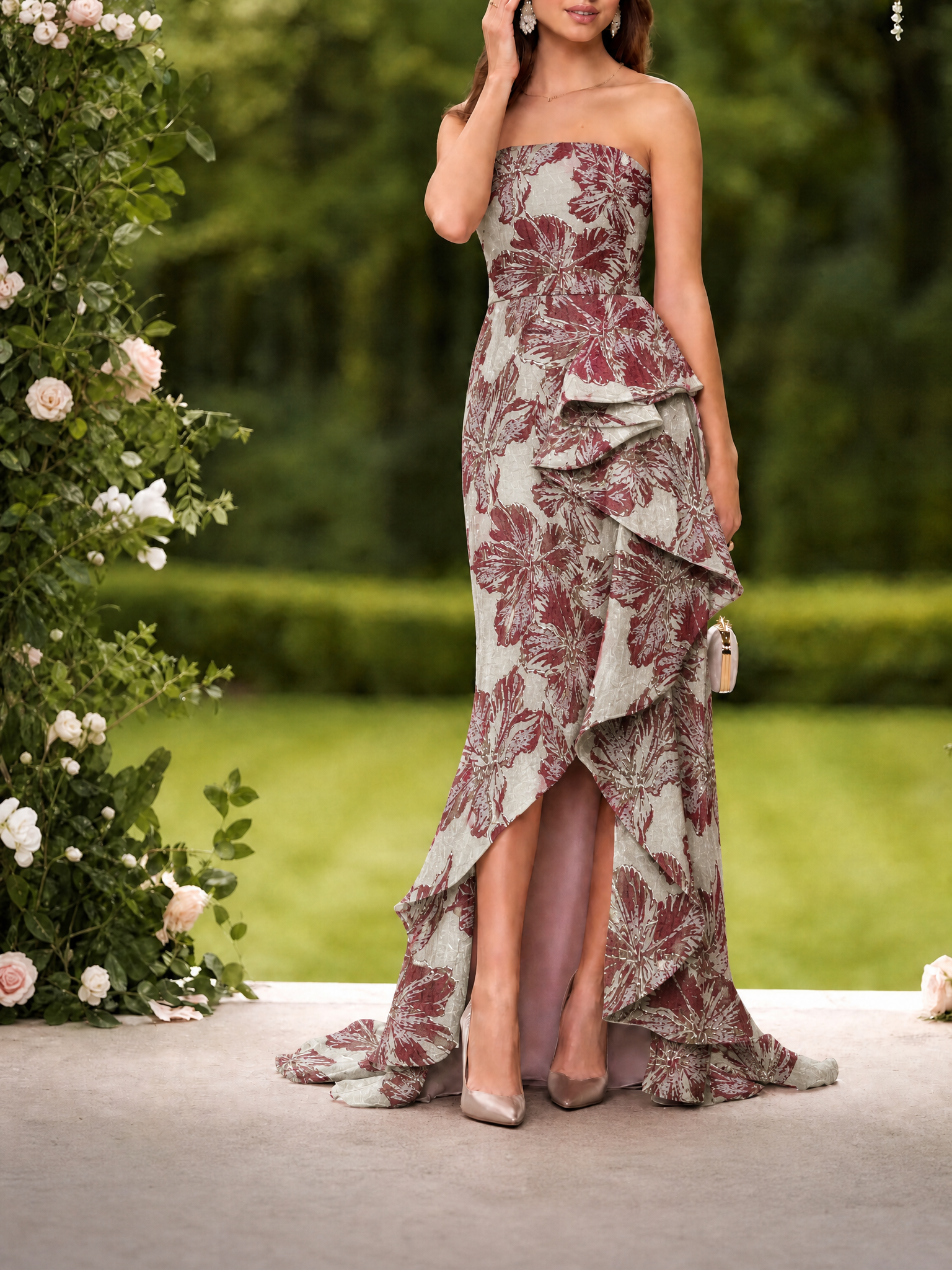 Strapless Floral Jacquard Ruffled Mermaid Maxi Dress