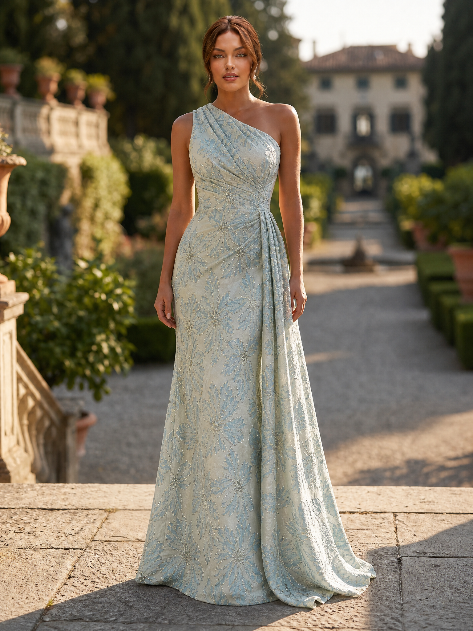 Luxury Metallic Jacquard V-Neck Wrap Mermaid Gown