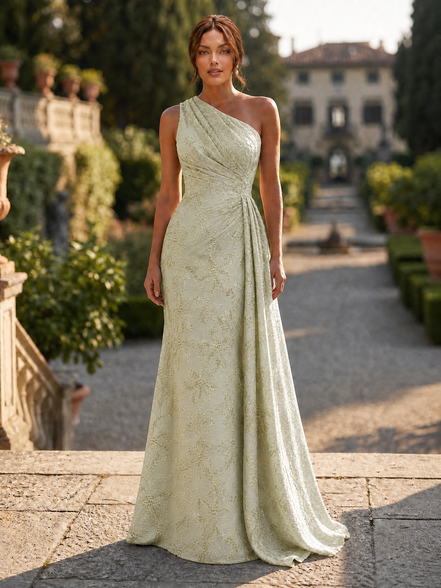 Luxury Metallic Jacquard V-Neck Wrap Mermaid Gown
