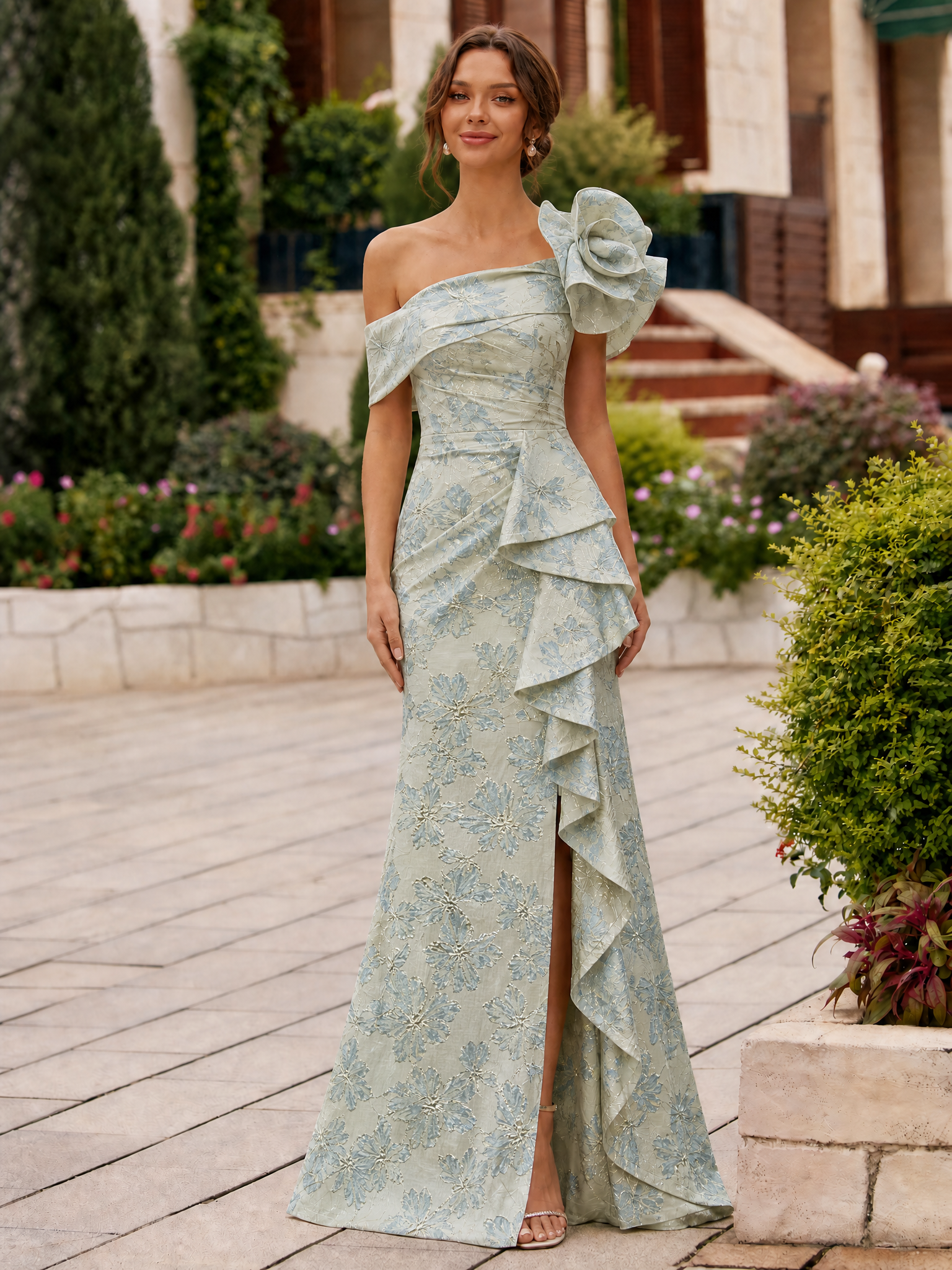 One-Shoulder 3D Floral Ruffled Jacquard Mermaid Maxi Dress