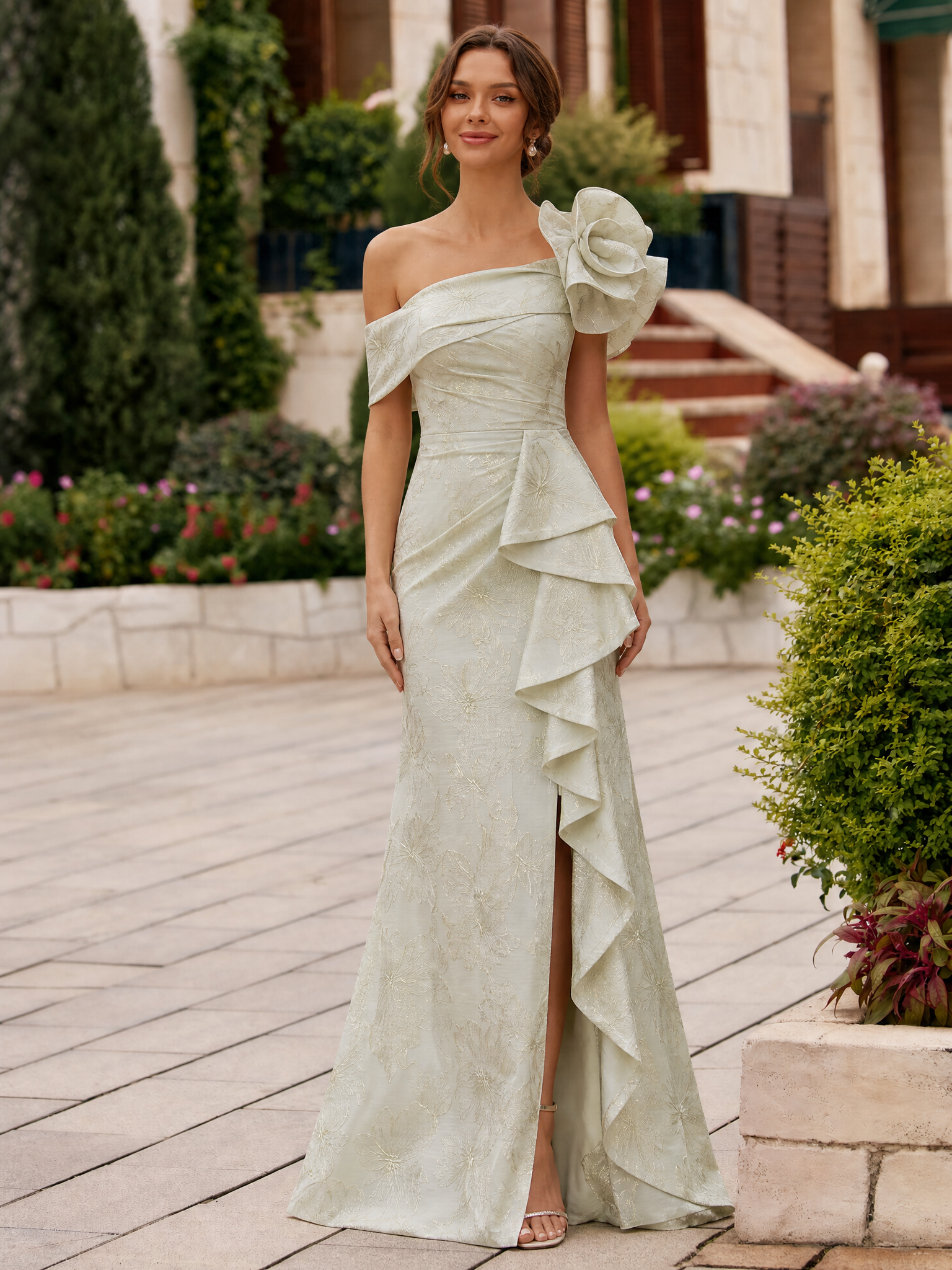 One-Shoulder 3D Floral Ruffled Jacquard Mermaid Maxi Dress