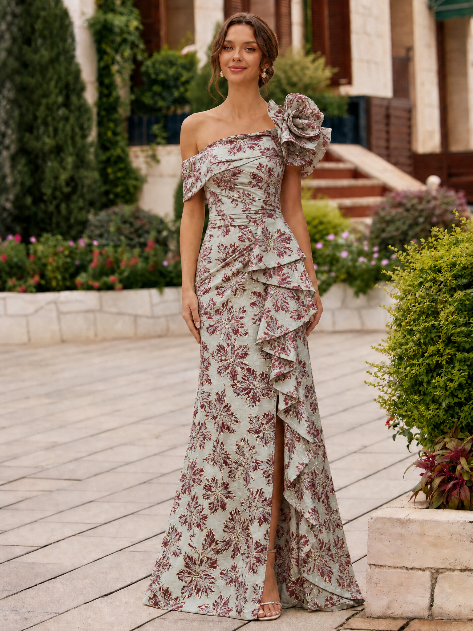 One-Shoulder 3D Floral Ruffled Jacquard Mermaid Maxi Dress