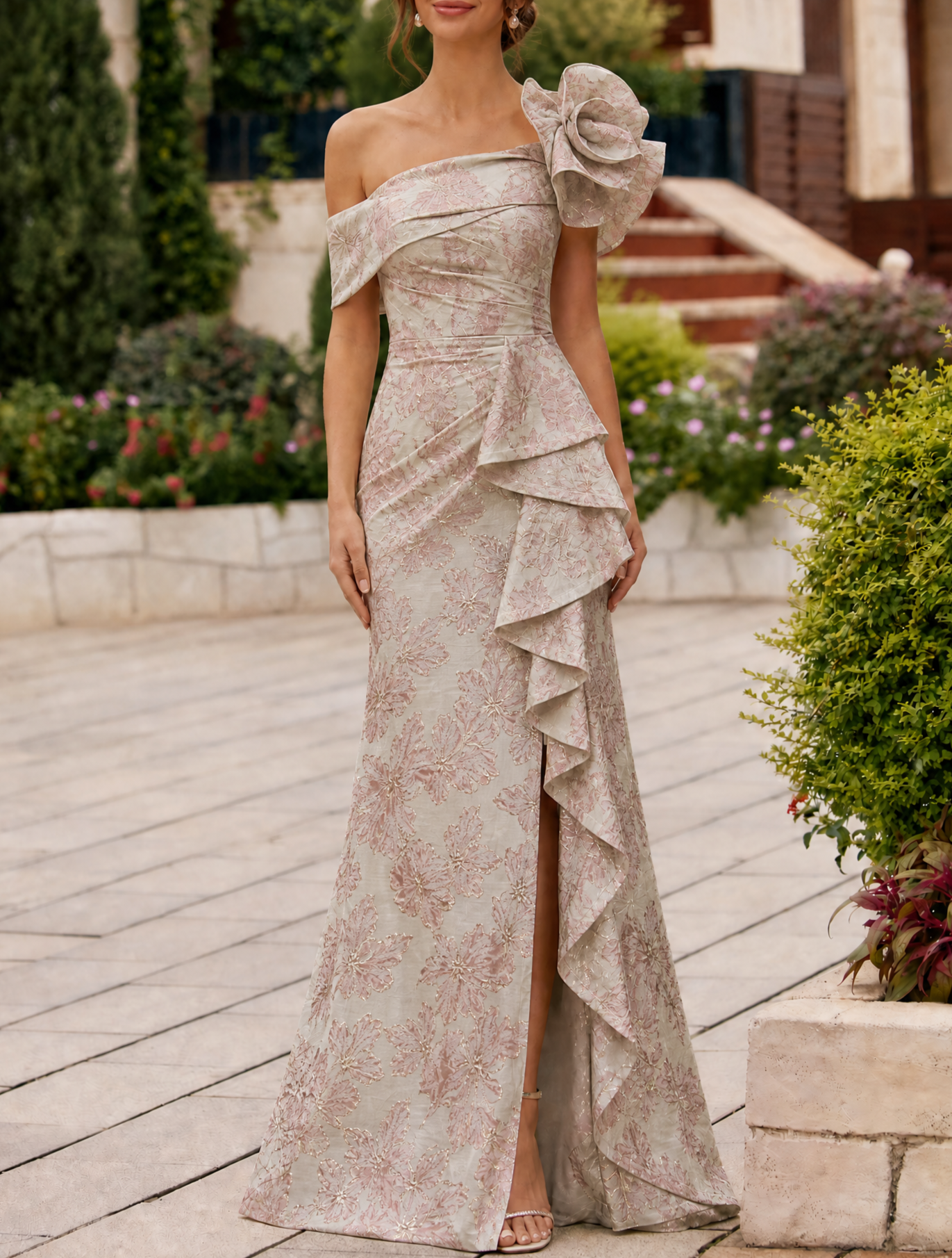 One-Shoulder 3D Floral Ruffled Jacquard Mermaid Maxi Dress
