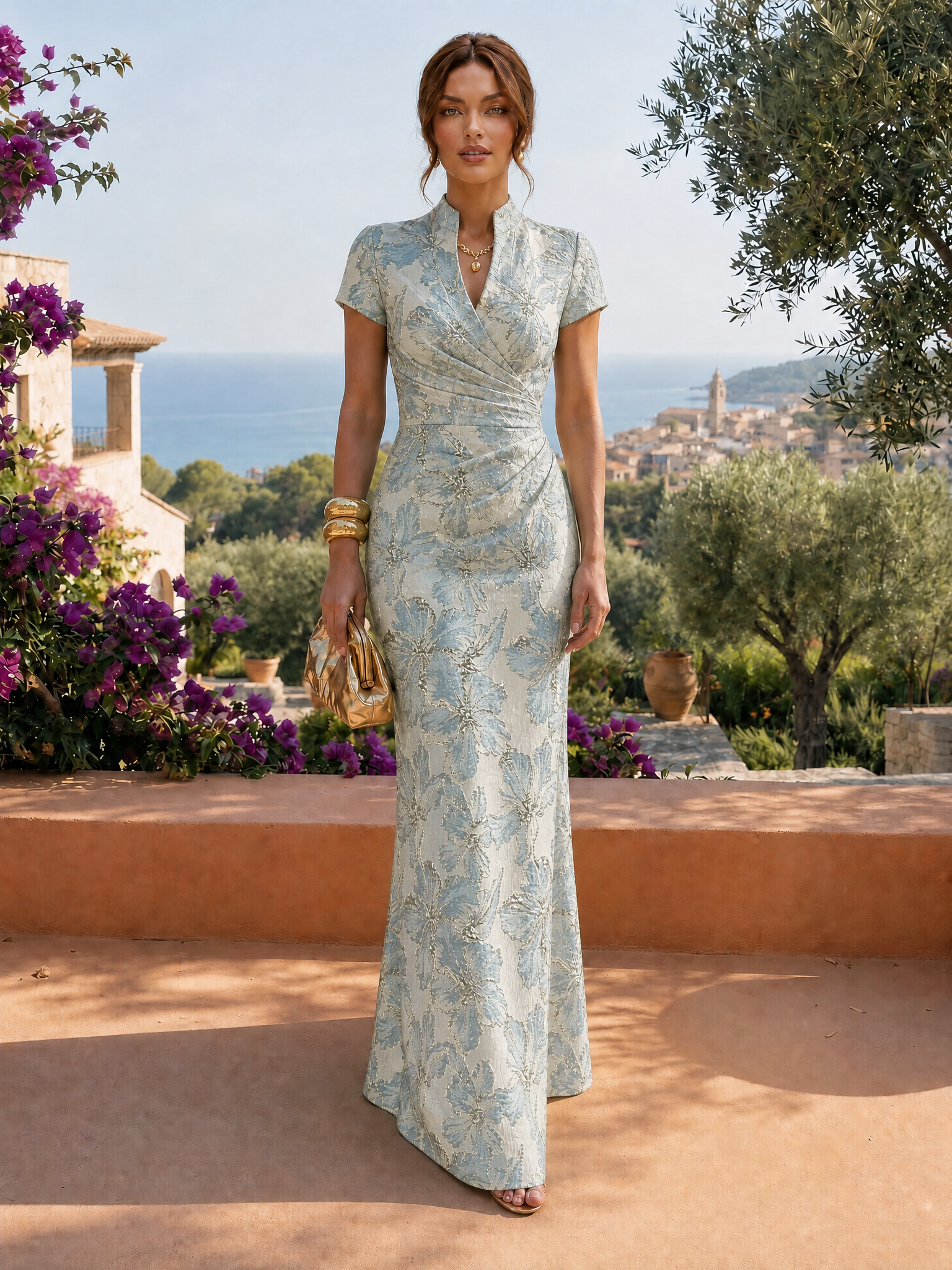 High Neck Cap Sleeve Floral Jacquard Mermaid Maxi Dress