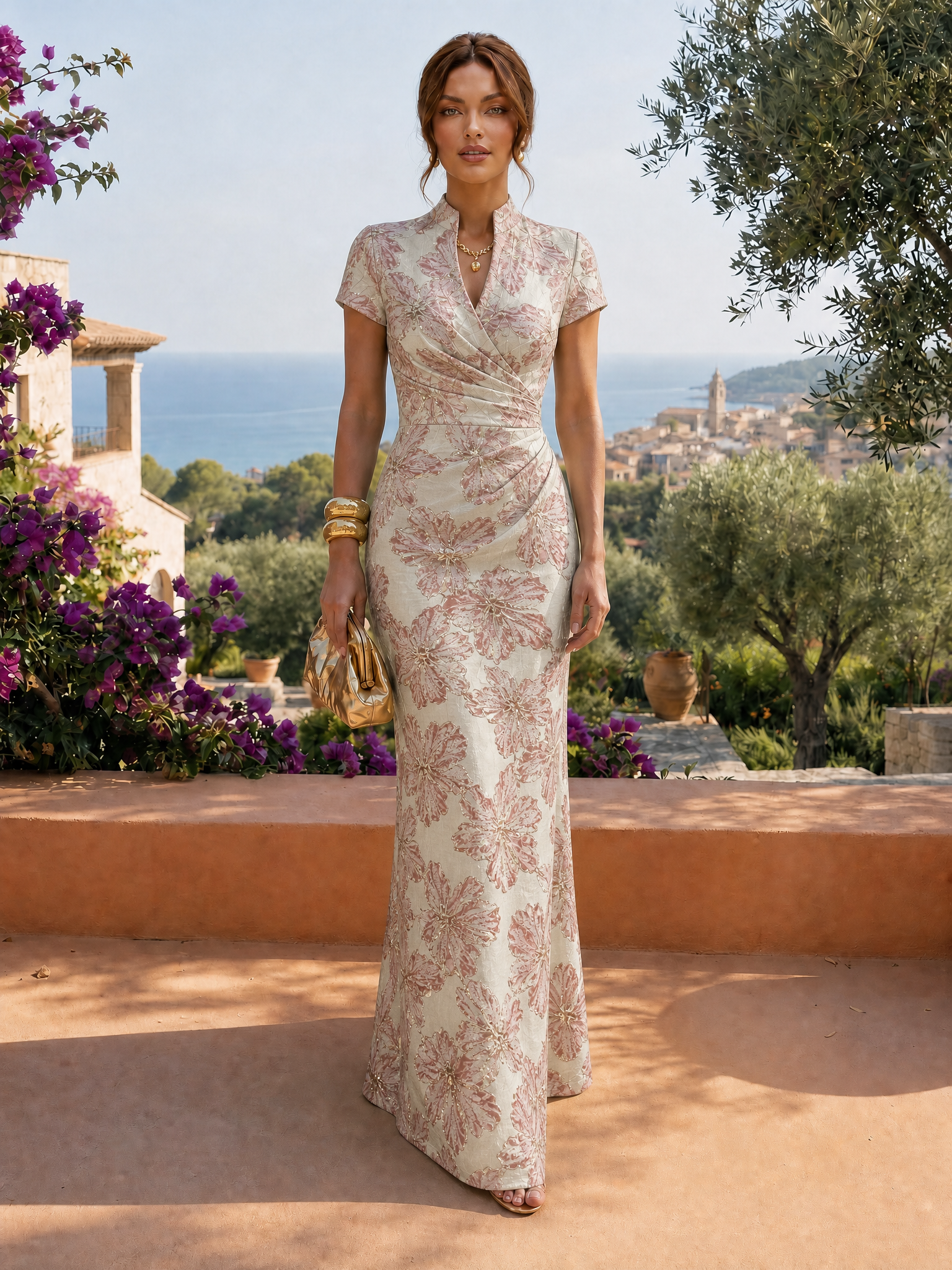 High Neck Cap Sleeve Floral Jacquard Mermaid Maxi Dress