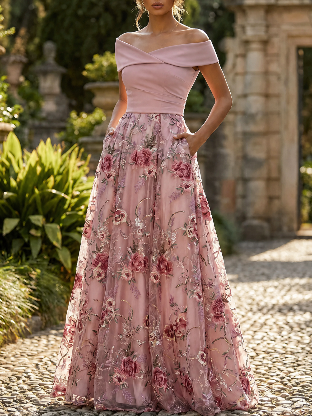 Off-the-Shoulder 3D Floral Embroidered A-Line Gown with Pockets