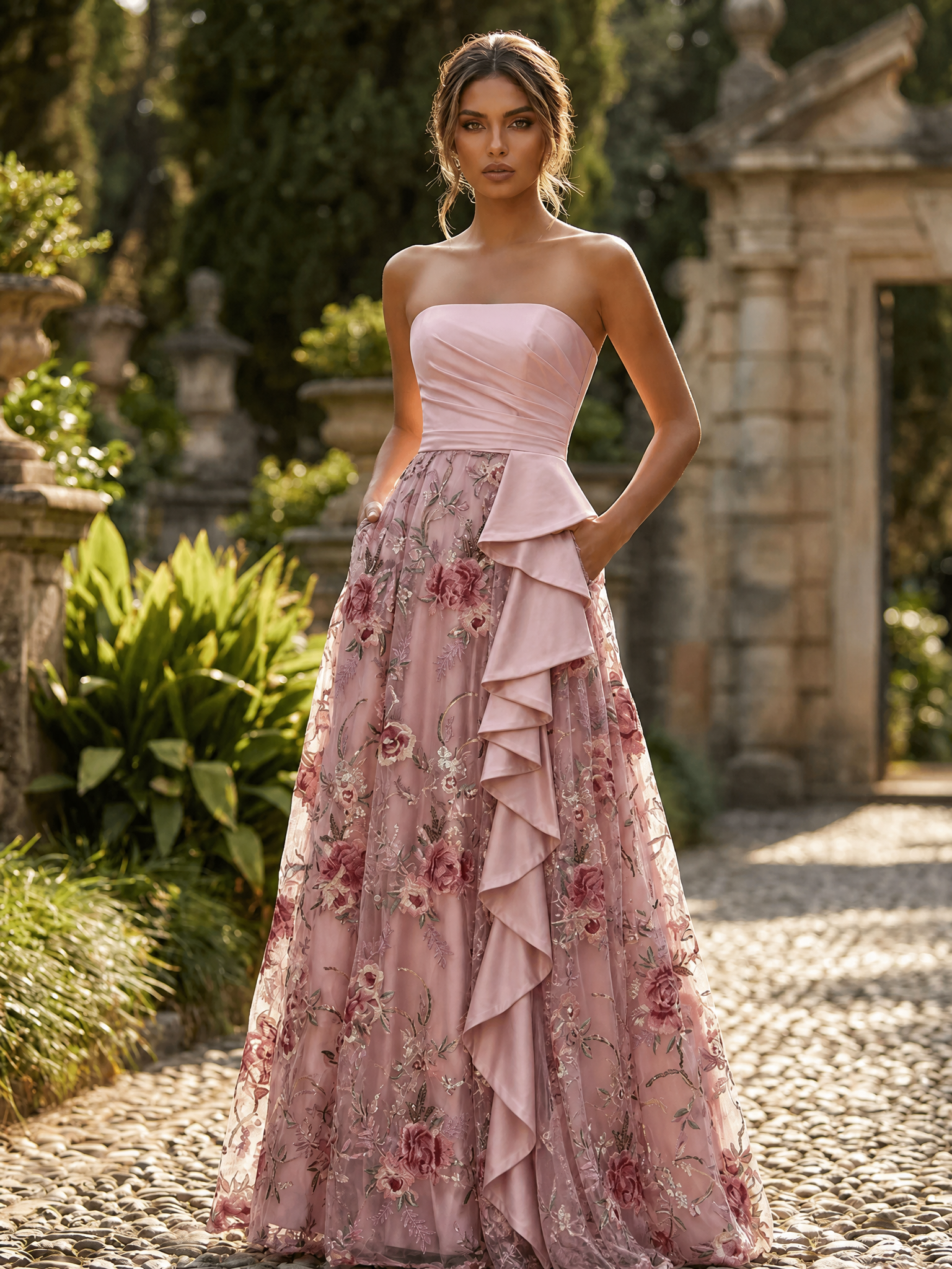Strapless Ruffled 3D Floral Embroidered A-Line Gown with Pockets