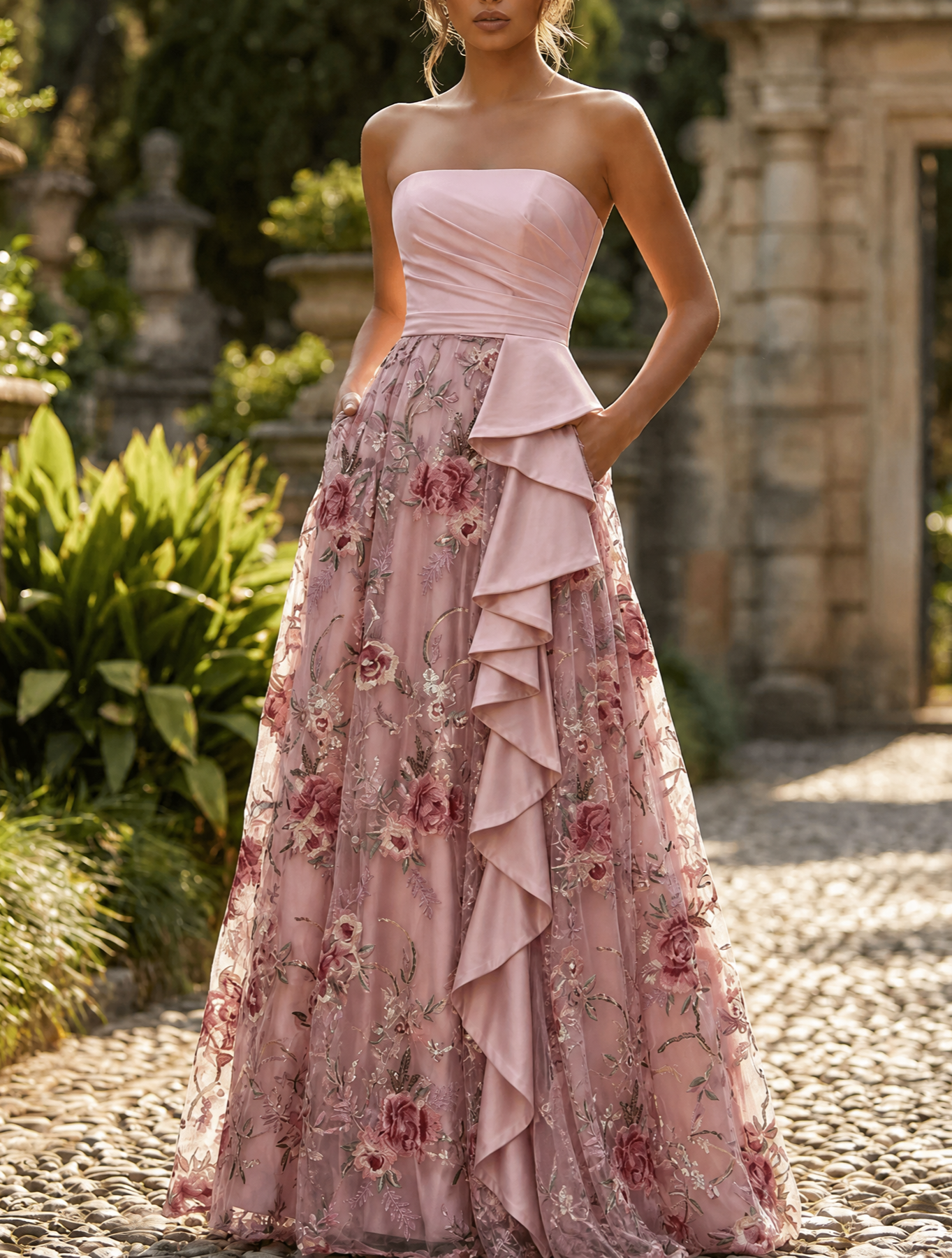 Strapless Ruffled 3D Floral Embroidered A-Line Gown with Pockets