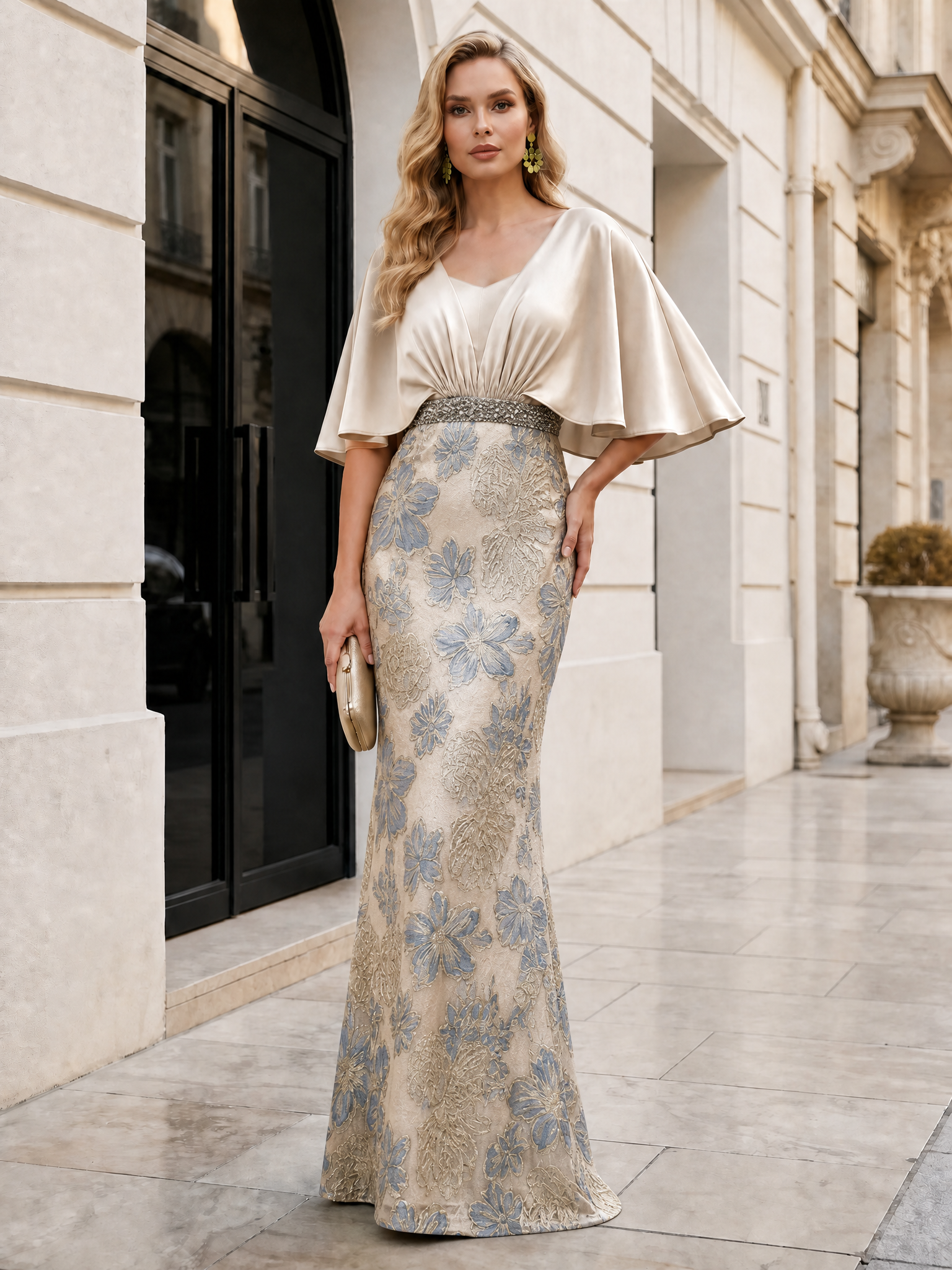 Elegant Contrast-Textured Cape-Sleeve Column Gown