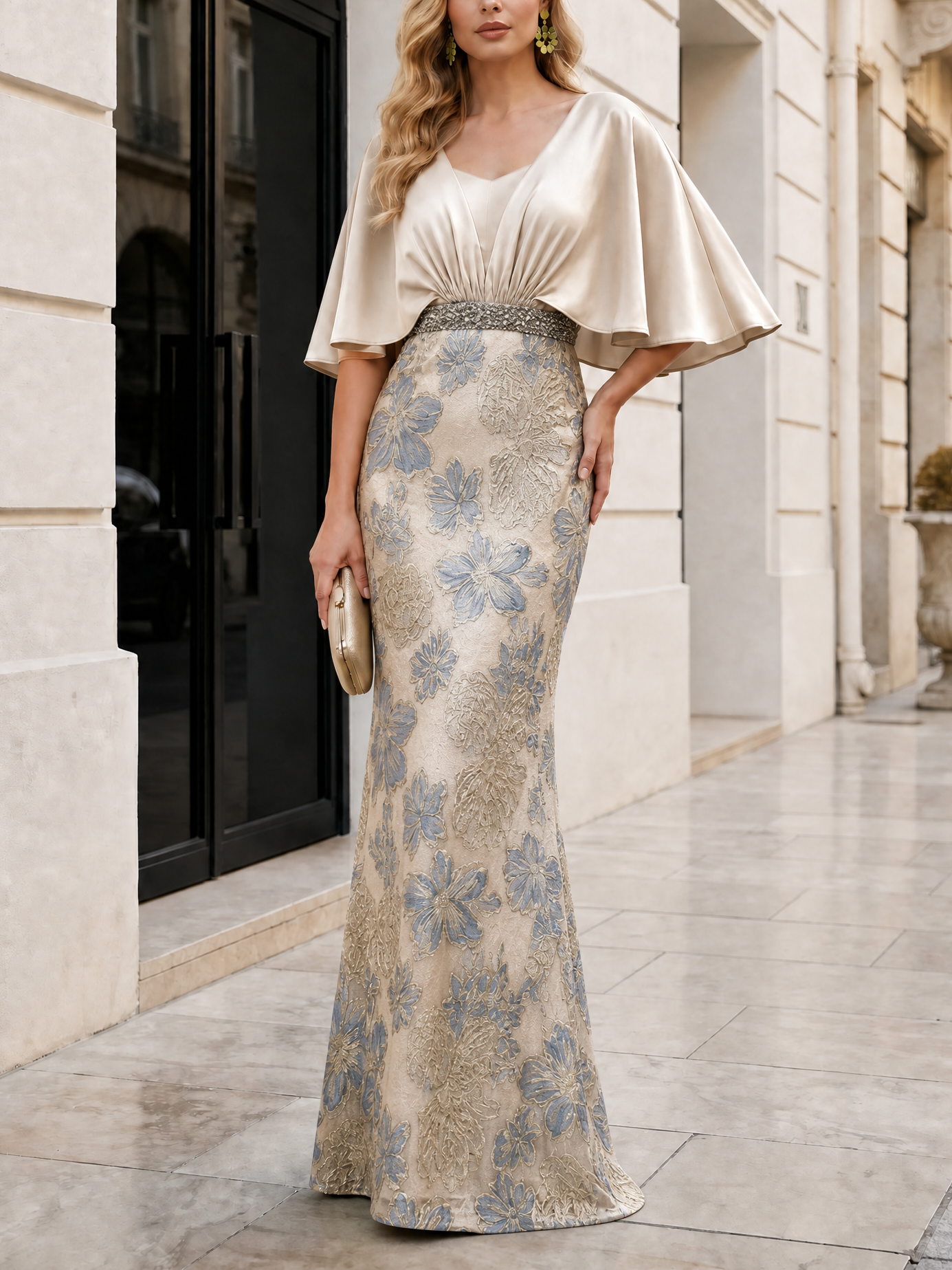 Champagne Flutter Sleeve Beaded Belt Floral Jacquard Mermaid Gown