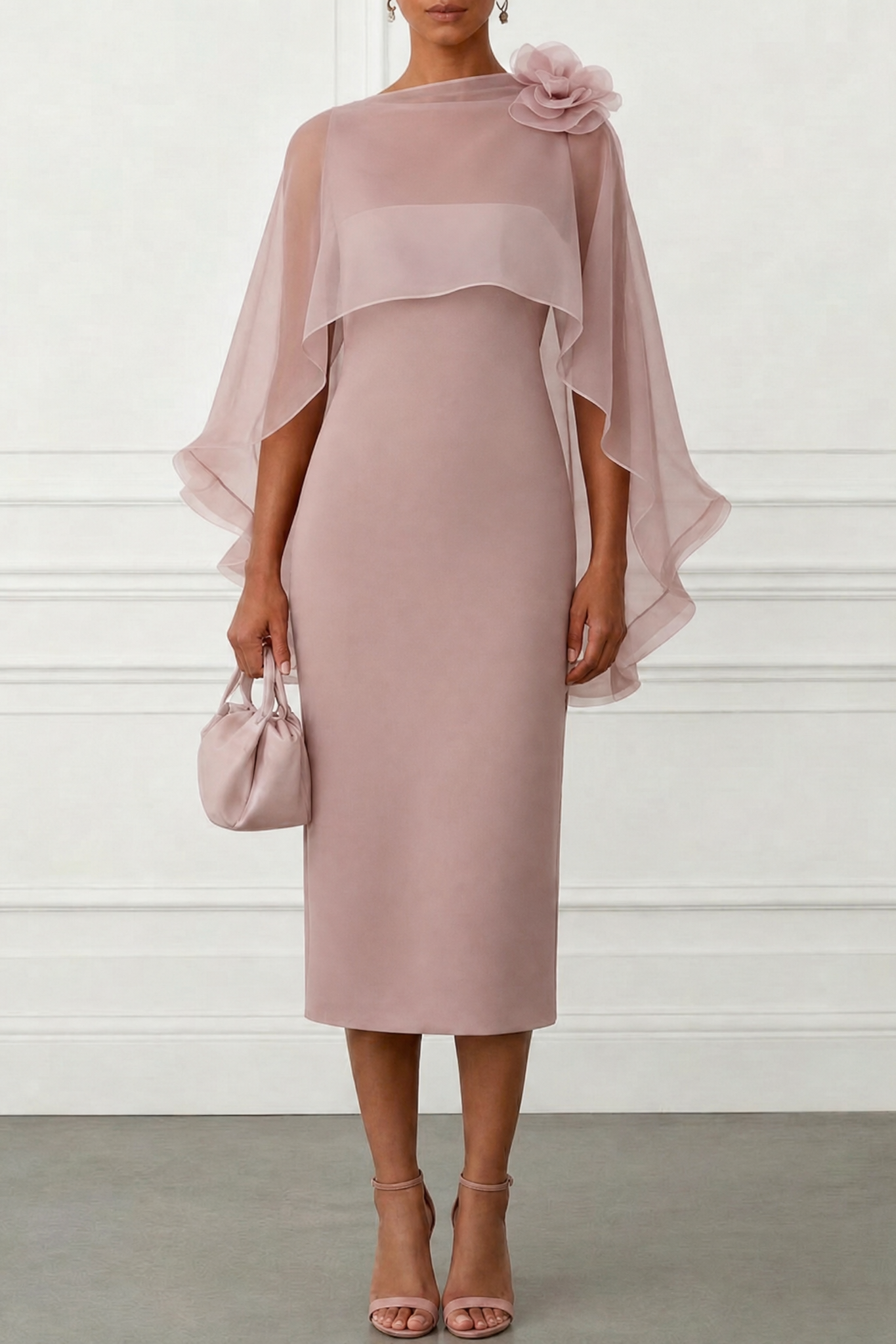 Pink Sheer Shawl Midi Formal Dress