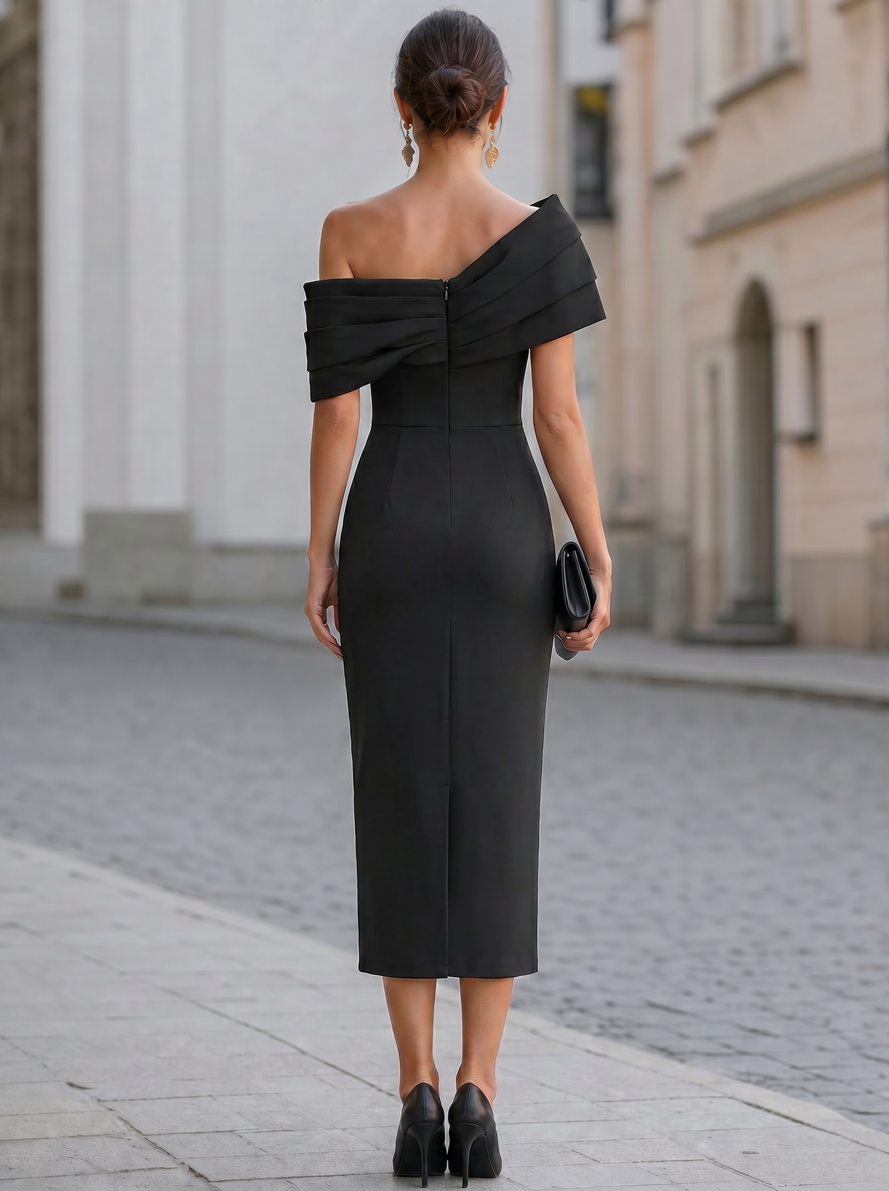 Asymmetrical Off-the-Shoulder Fold Bow Bodycon Midi Dress