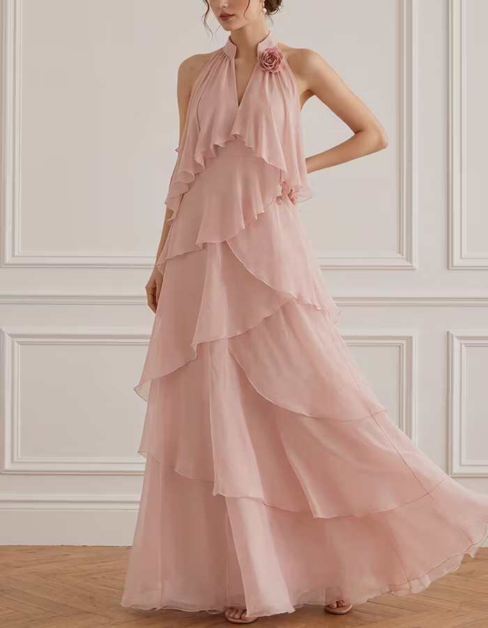 Flesh Pink Chiffon Halter Tiered Ruffle Maxi Dress