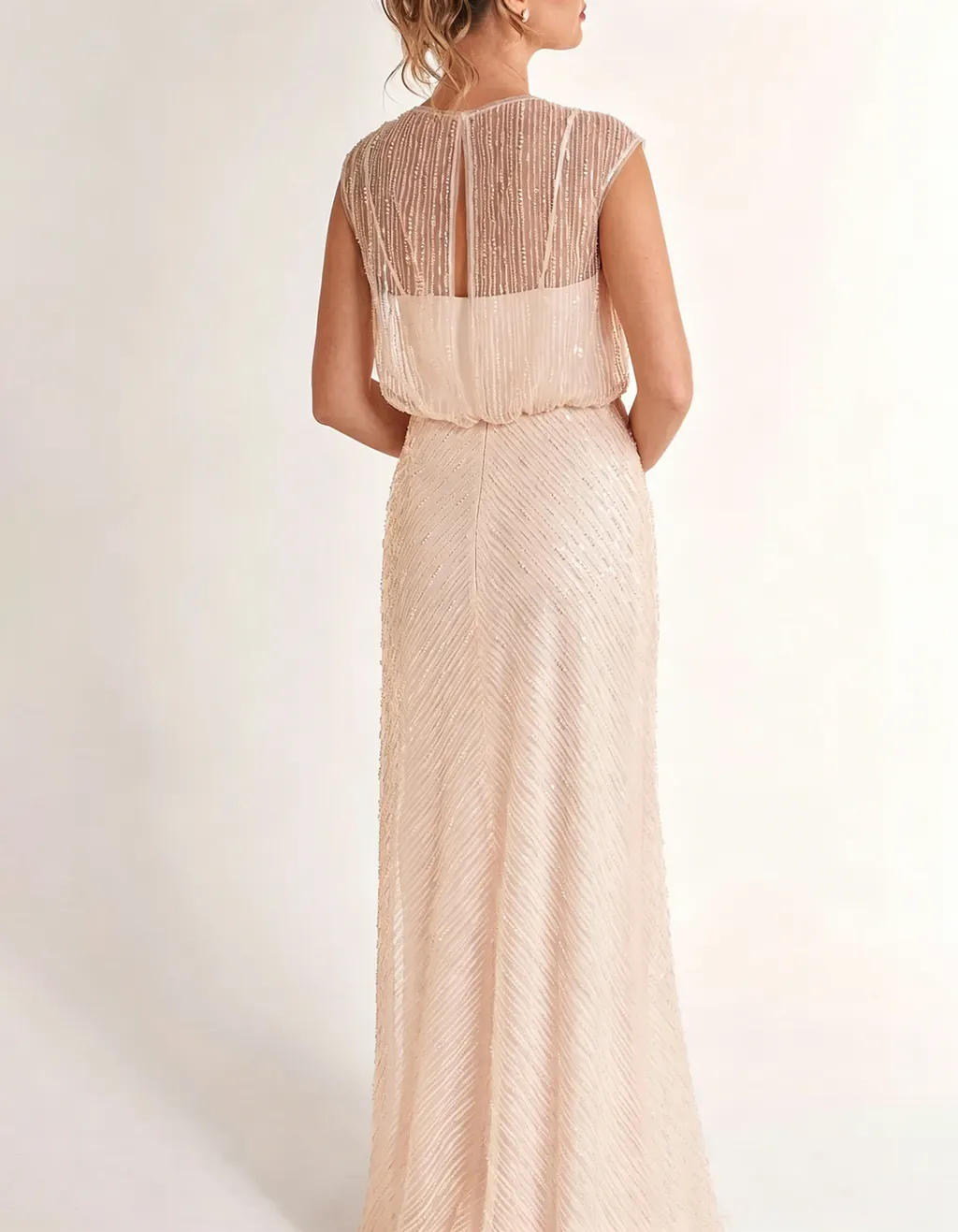 Light Champagne Sequin-Embroidered Slit Maxi Dress