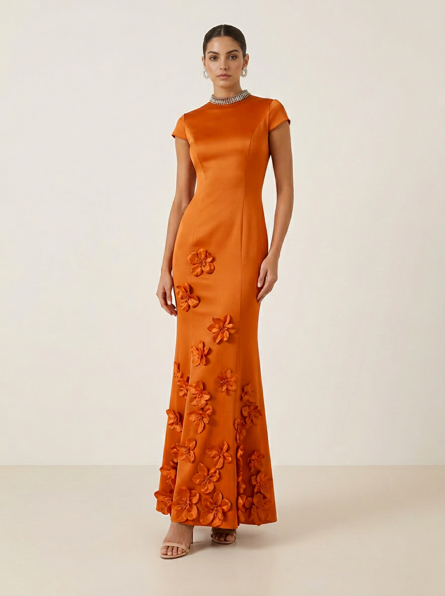 Dusty Blue Beaded Mock Neck Floral Appliqué Mermaid Maxi Dress