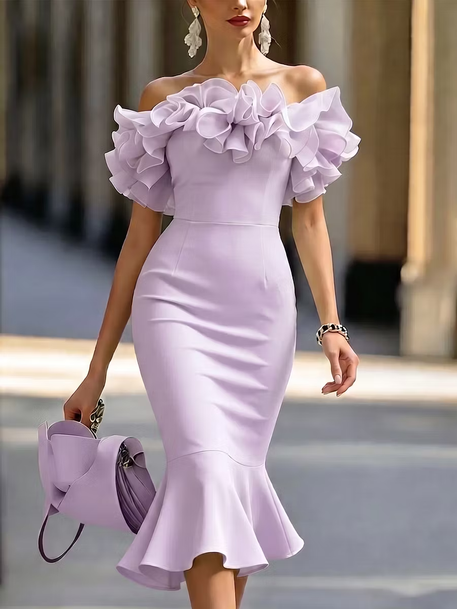 Chiffon Ruffle Waist-Cinching Hip-Hugging Fishtail Midi Dress
