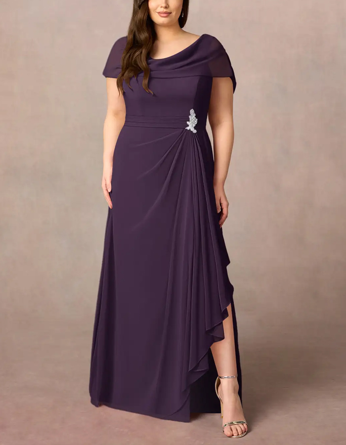 Purple A-line Chiffon Side Slit Maxi Dress