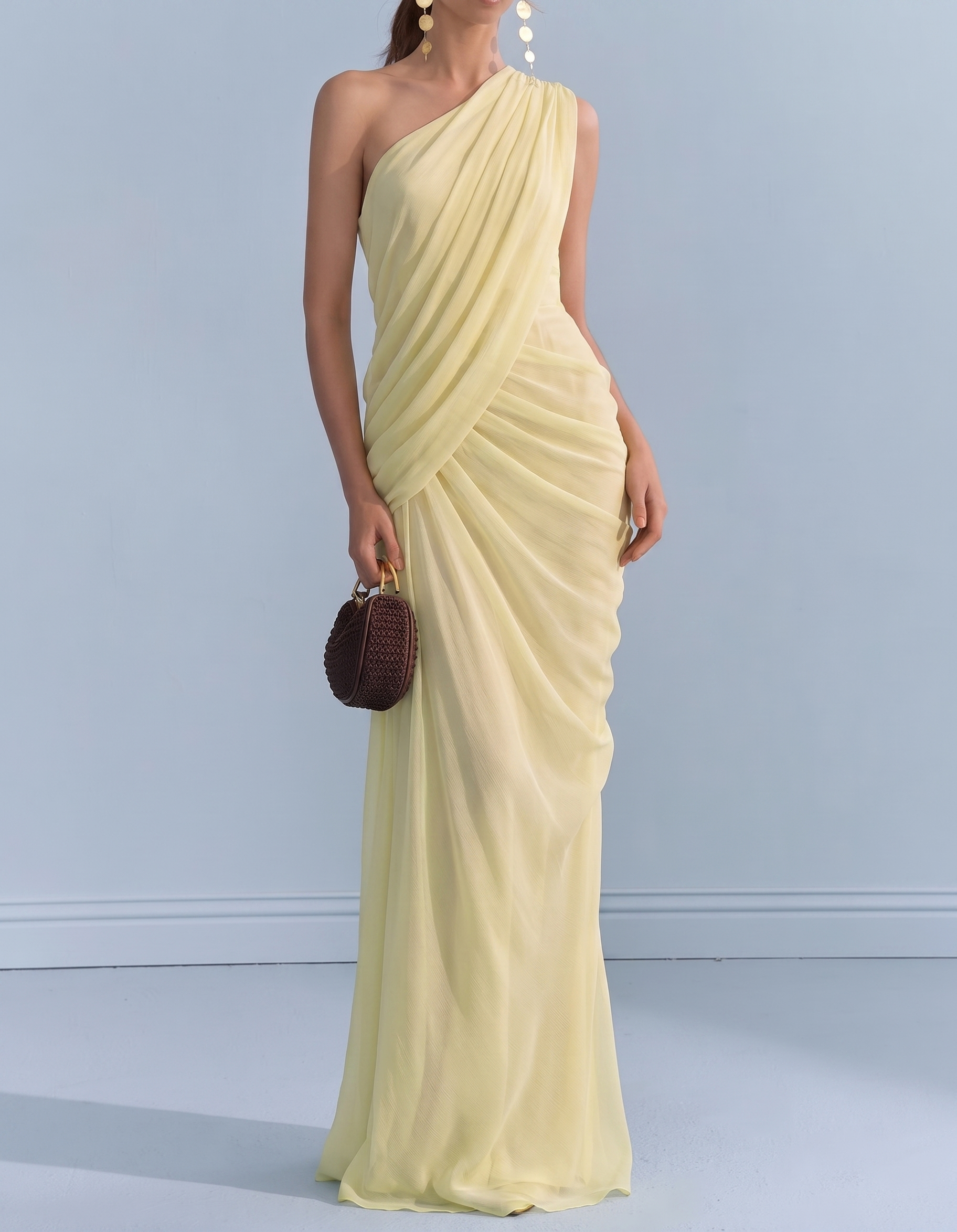 Chiffon One-Shoulder Fitted Waist Fishtail Maxi Dress