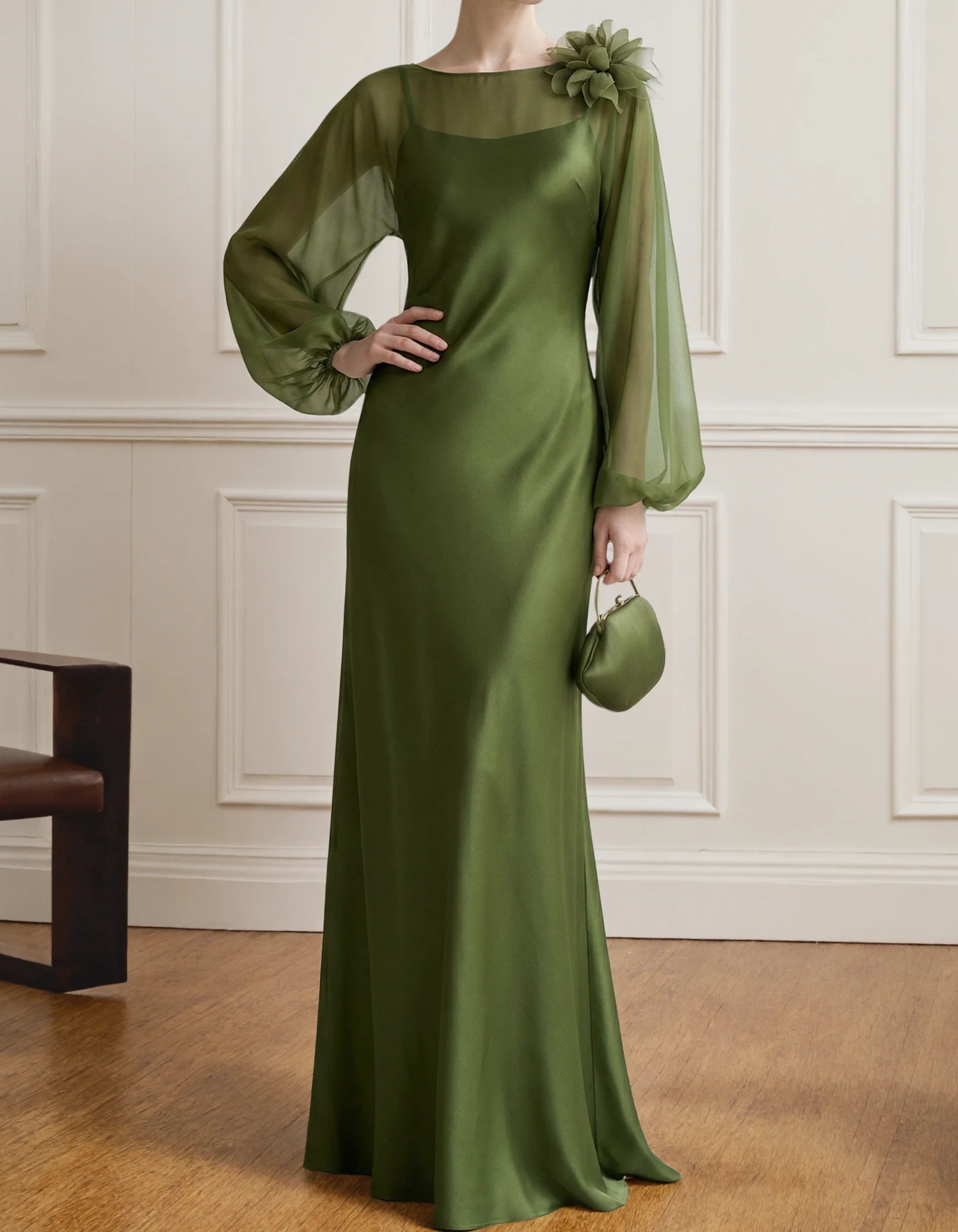 Green Chiffon Paired Satin Camisole Flowers Maxi Dress