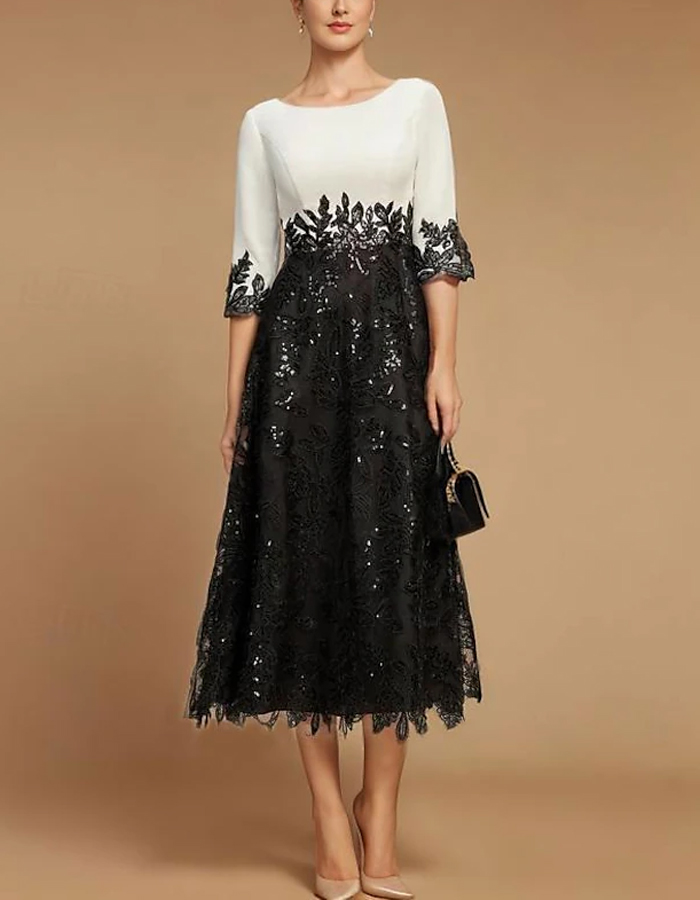 A-line Lace Colorblock Midi Dress