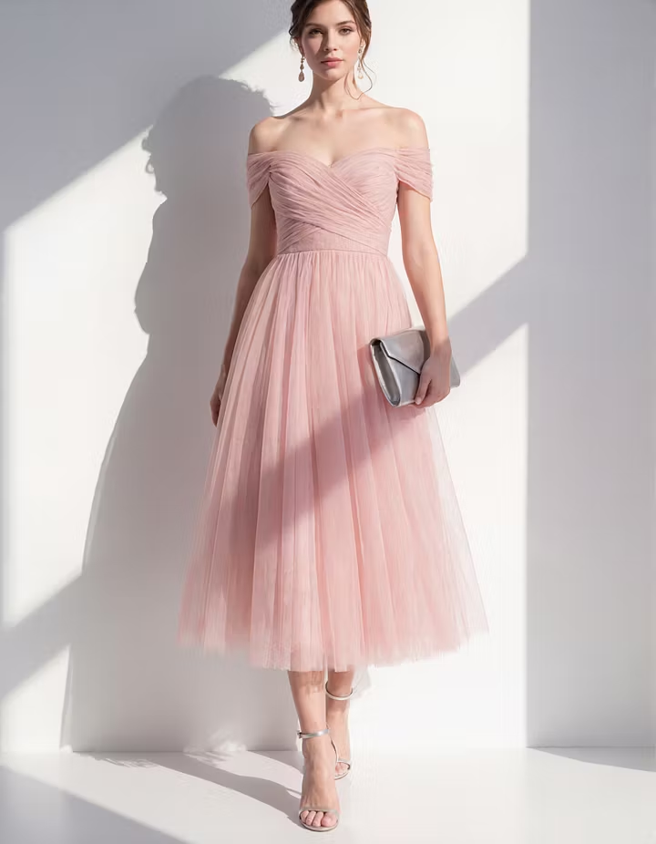 Pink Off Shoulder Tulle Midi Dress