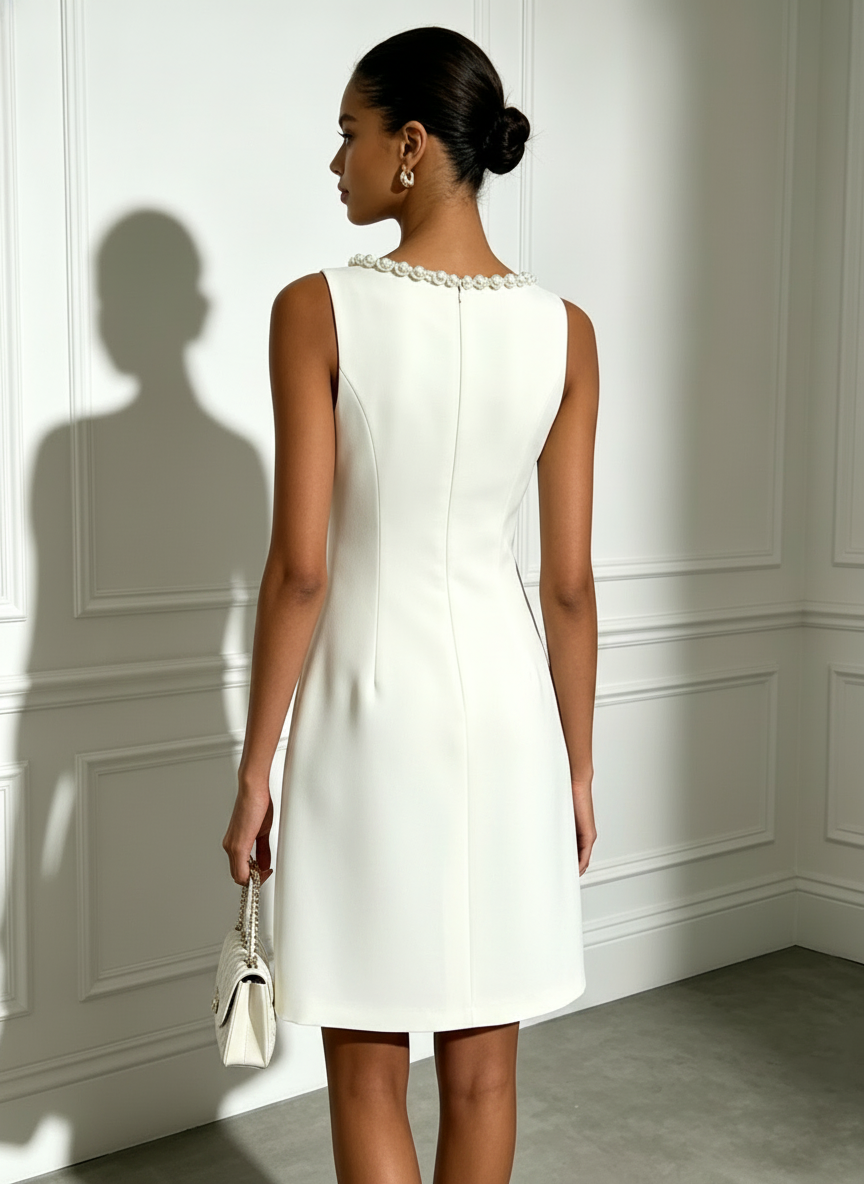 White 3D Floral Pearl Classic Boat Neck Sleeveless A-Line Mini Dress