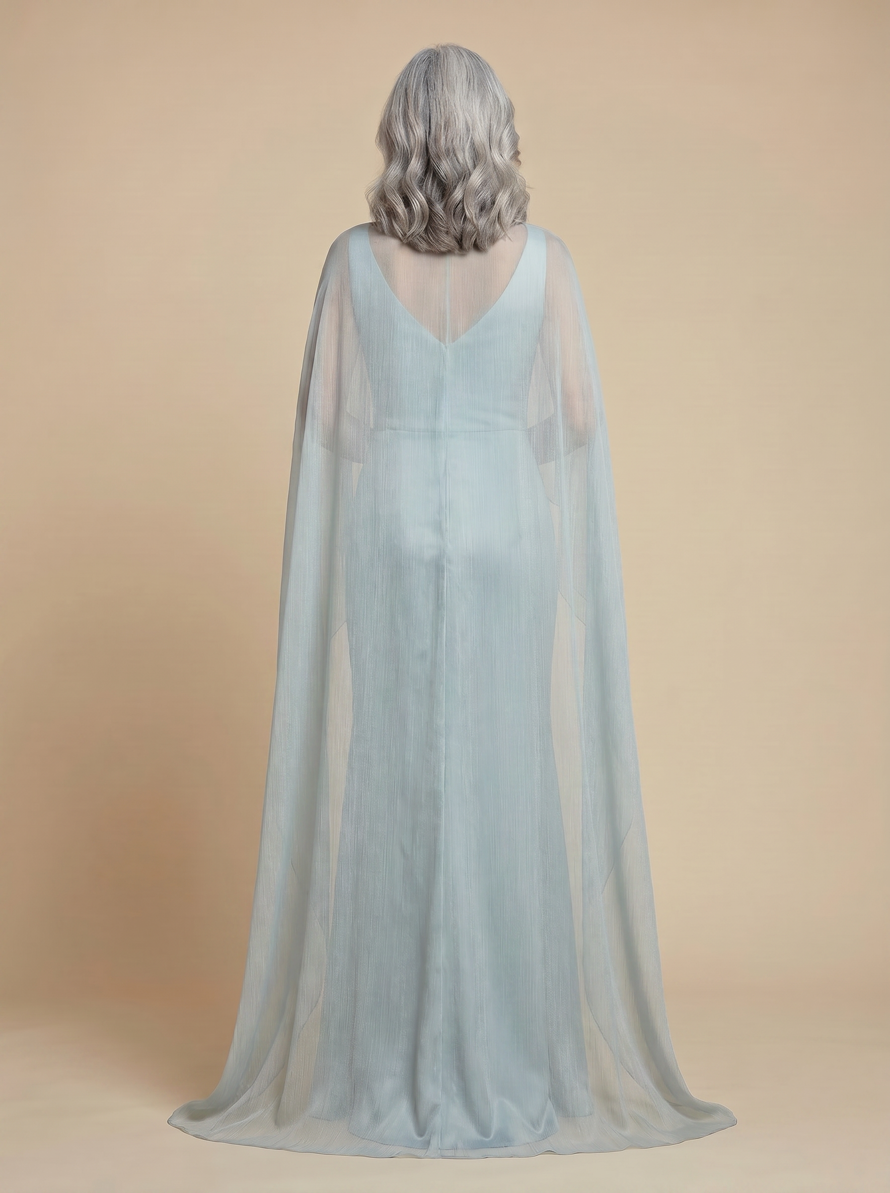 Dusty Blue Satin Mermaid Gown with Sheer Chiffon Cape Overlay