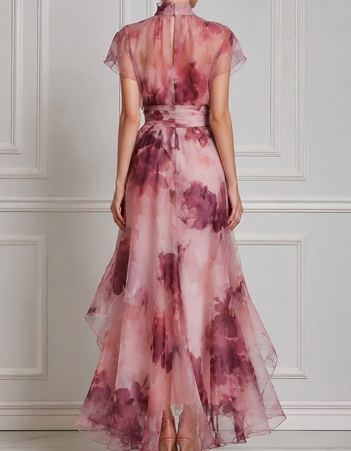 Pink Floral Print High Neck Chiffon Maxi Dress