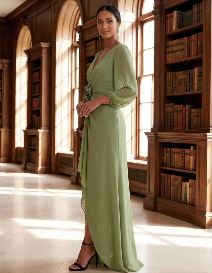 Sage green chiffon V-neck puff sleeve Maxi Dress