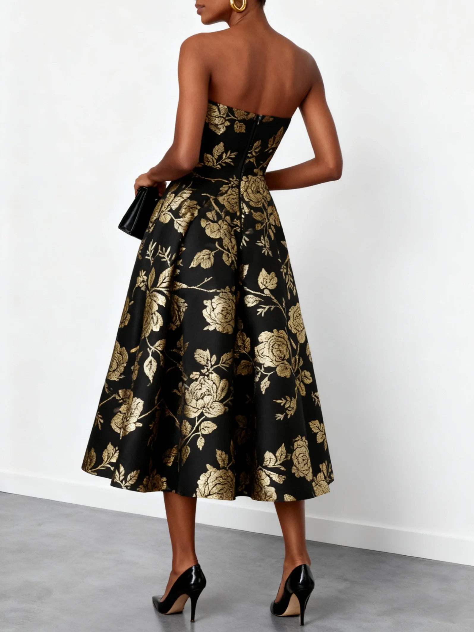 Black Stamped Bronzing Floral Classic Strapless Sleeveless A-Line Midi Dress