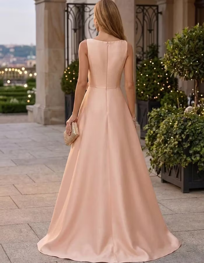 Pink Satin Round Neck A-Line Maxi Dress