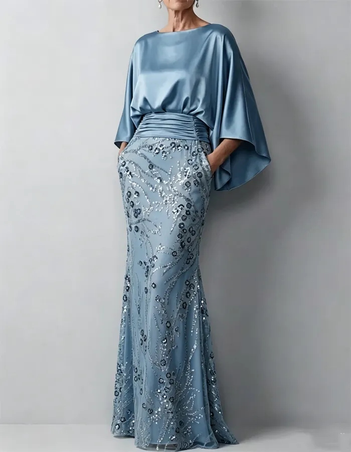Champagne-colored Satin Cape-sleeved Maxi Dress