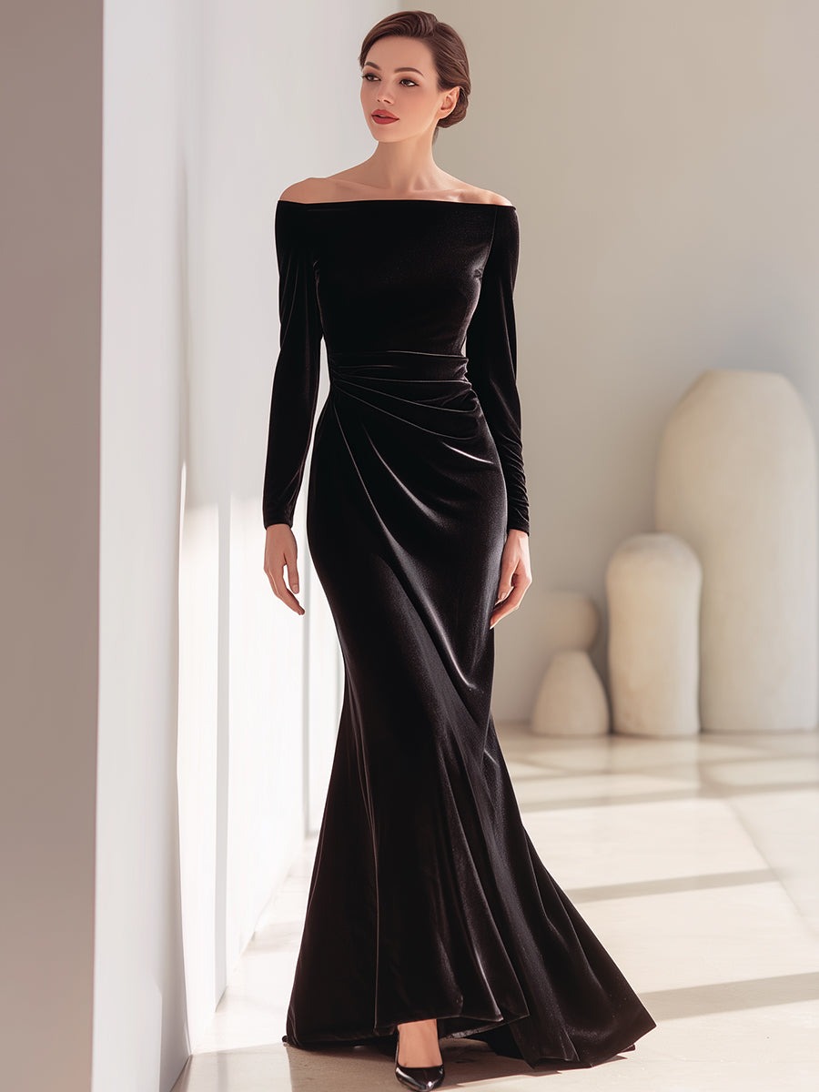 Black Off-Shoulder Velvet Mermaid Gown