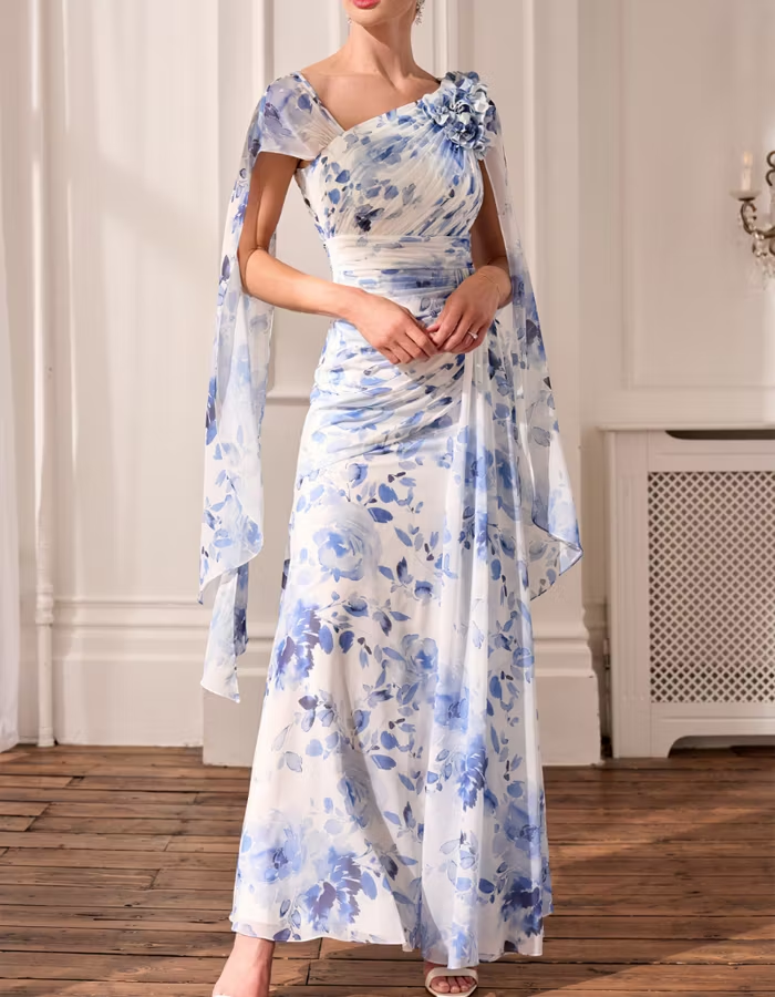 Blue And White One-Shoulder Floor-Length Maxi Dress