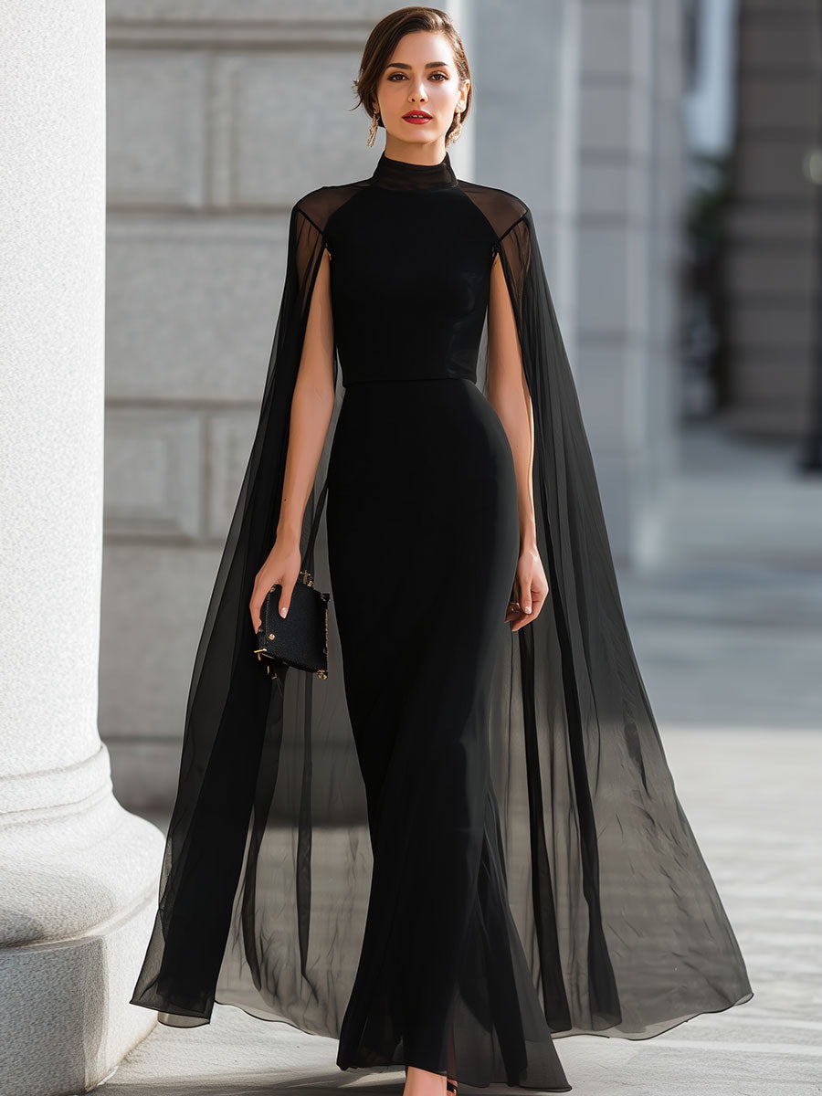 Black High Neck Sheer Capelet Mermaid Gown