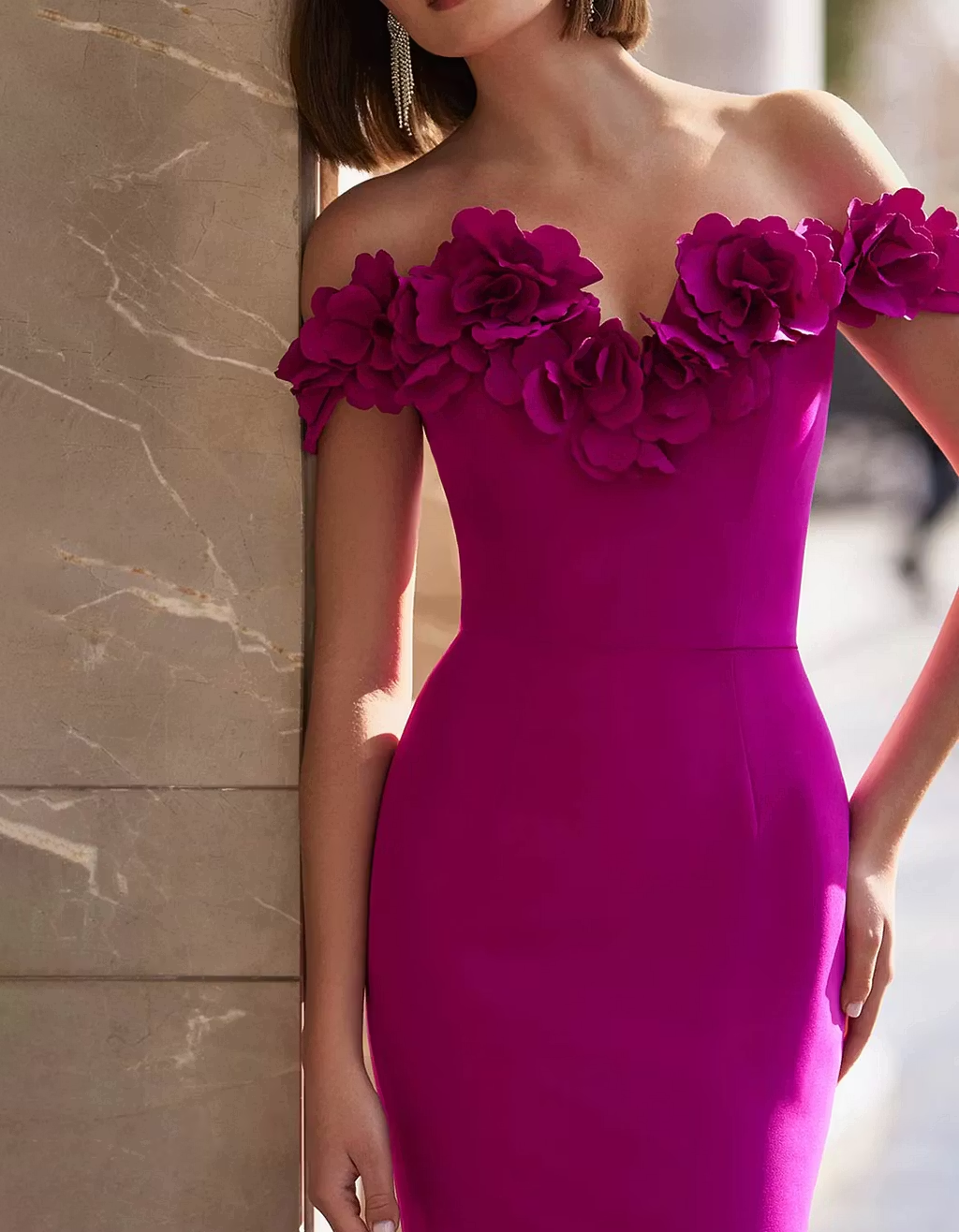 Off-Shoulder 3D Floral Appliqués Fishtail Maxi Dress