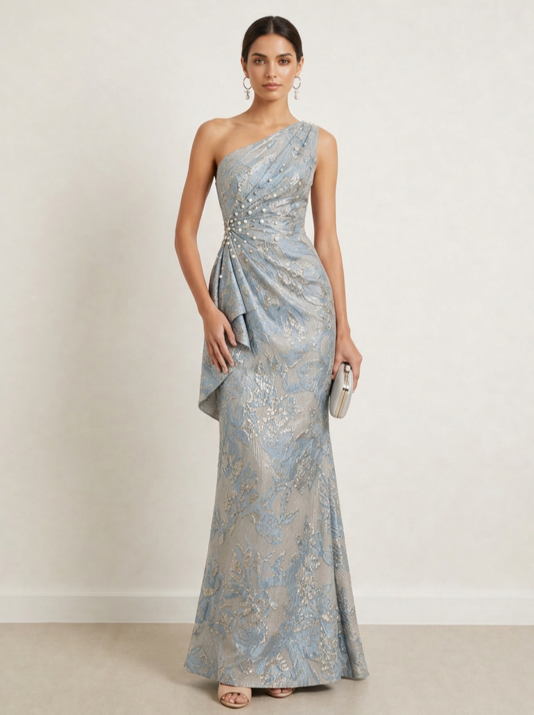 Dusty Blue One-Shoulder Metallic Floral Jacquard Mermaid Maxi Dress