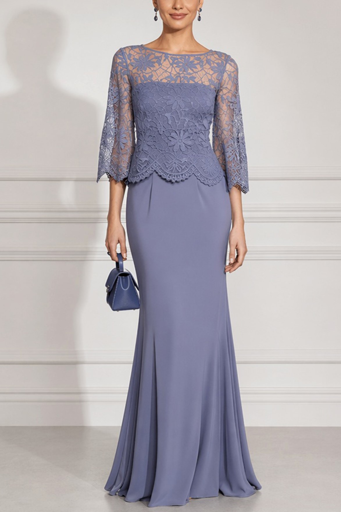 Slate Blue Lace Bodice 3/4 Sleeve Mermaid Maxi Dress