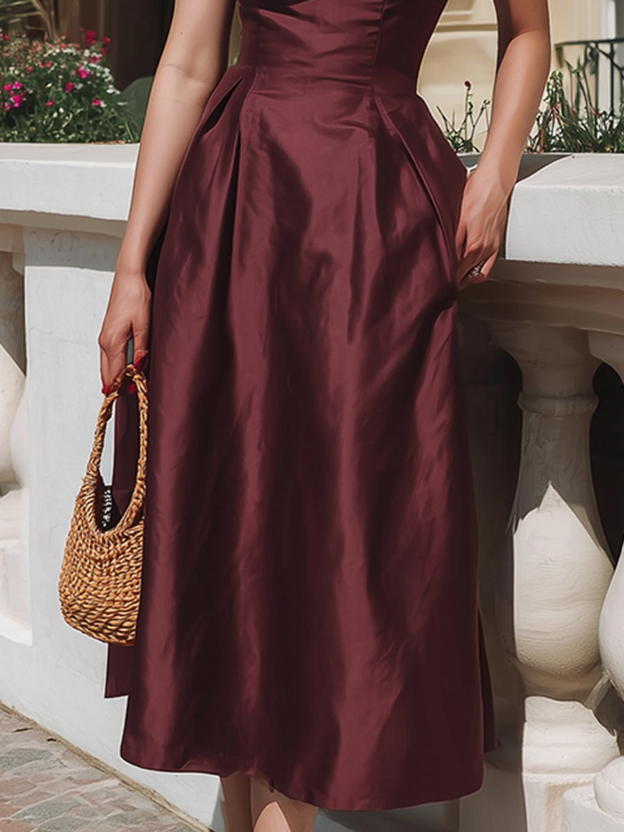 Burgundy Elegant One-Shoulder Ruffle Midi Dress