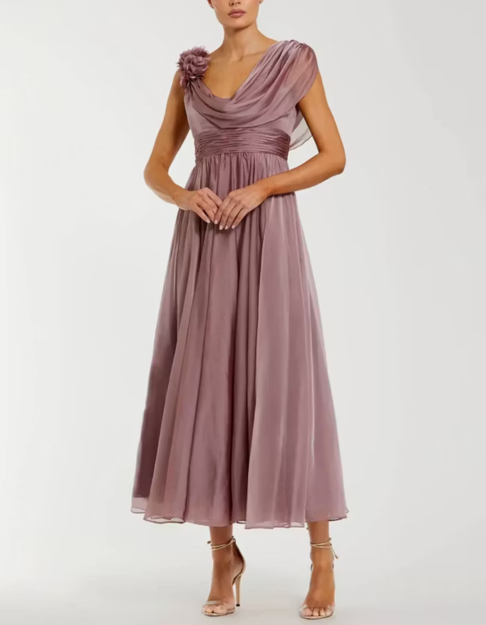 Asymmetrical Draped Chiffon Midi Dress