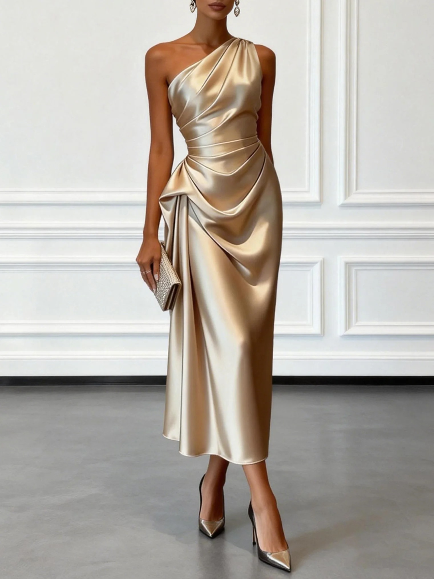 Champagne Ruched Satin One Shoulder Sleeveless Sheath Midi Dress