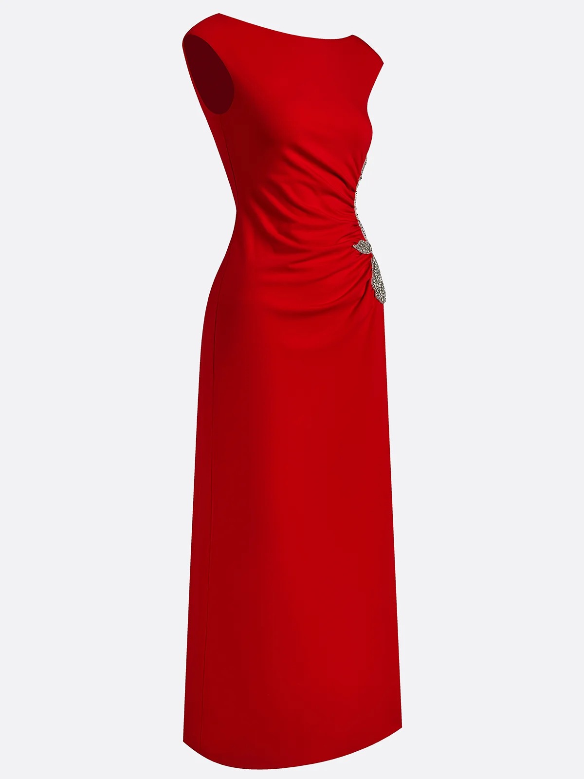 Red Applique Side-Slit Knit Boat Neck Cap Sleeve Bodycon Maxi Dress