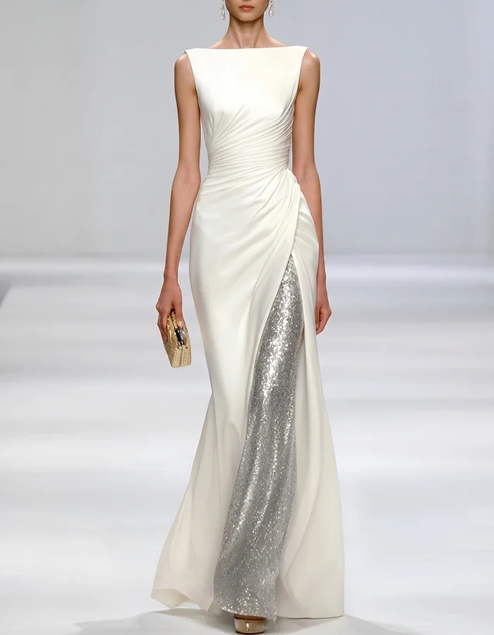 Ivory Satin Boat Neck Ruched Mermaid Maxi Dress